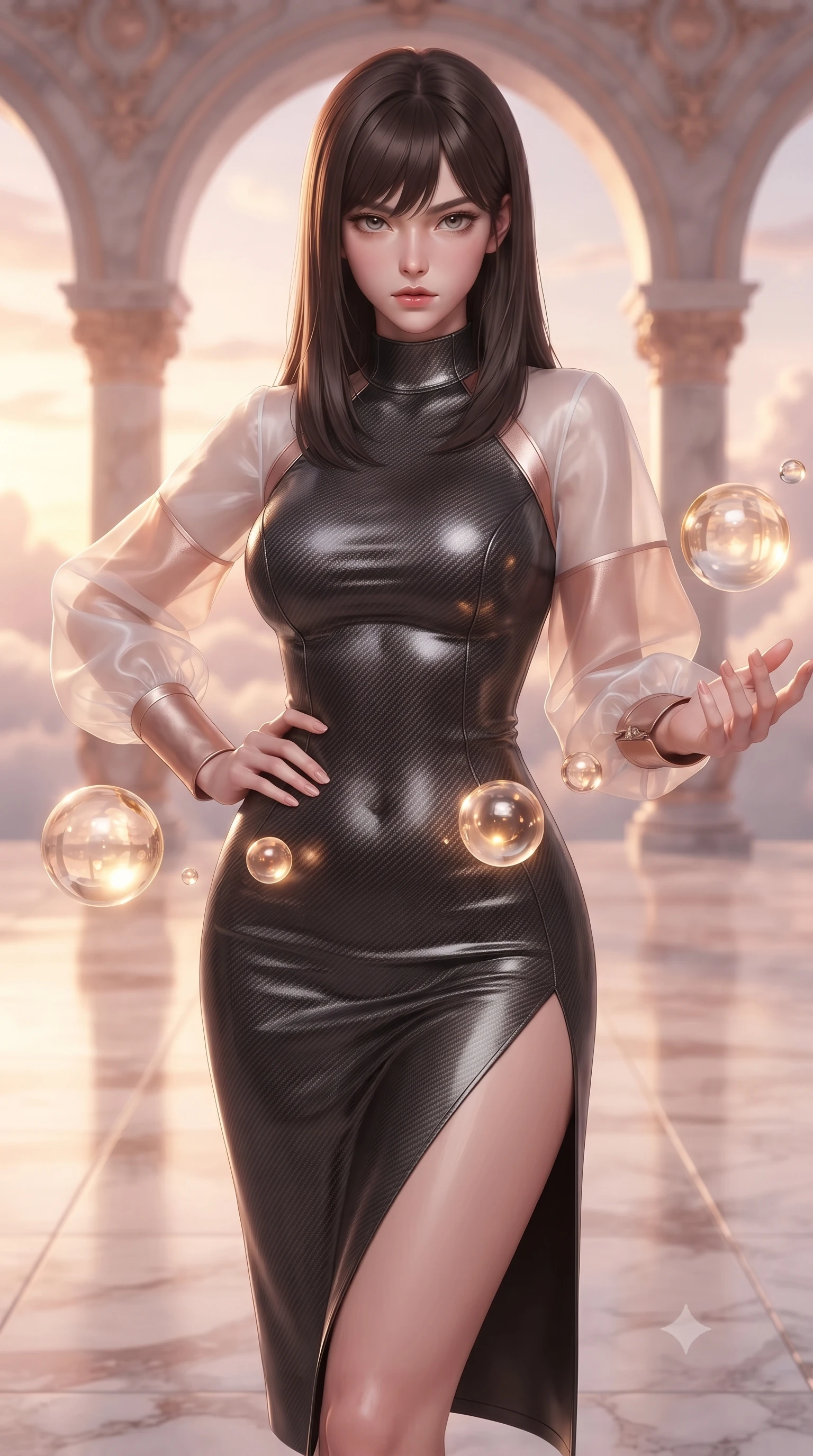 score_9, masterpiece, best quality, ultra-detailed, high-budget anime keyframe, editorial fashion photography, tasteful artistic composition, Korean woman. close-up cowboy shot from the waist and thighs up, the character dominates the composition, filling the frame with her large presence, background elements kept in soft focus. Holding a confident power pose with one hand on her hip, gazing directly into the camera with quiet intensity interacting with floating golden water Orbs in a cloudtop palace court, soft rose-gold and amber sunset light reflecting off polished marble. She has an exceptionally elegant, slender, and willowy female figure with an ultra-slim waist, a gracefully sculpted slender torso, and a refined silhouette. sharp v-shaped jawline, high-bridge nose, intricate jewel-like eyes with depth, thick eyelashes, glossy lips with a natural sheen. wearing a sleek bodycon knit dress with sheer organza sleeve panels in pearl white and rose gold, made of fine carbon-fiber weave and soft matte leather, finished with a sleek side slit ascending to mid-thigh, the form-contouring material highlighting her ultra-slim waist and long lines. lit by brilliant warm key light softening into smooth, elegant gradients. ultra-reflective glossy finish, specular highlights, metallic sheen, high-contrast stereoscopic depth, volumetric dynamic lighting, 2k, ultra detail, master piece, 9:16 ratio