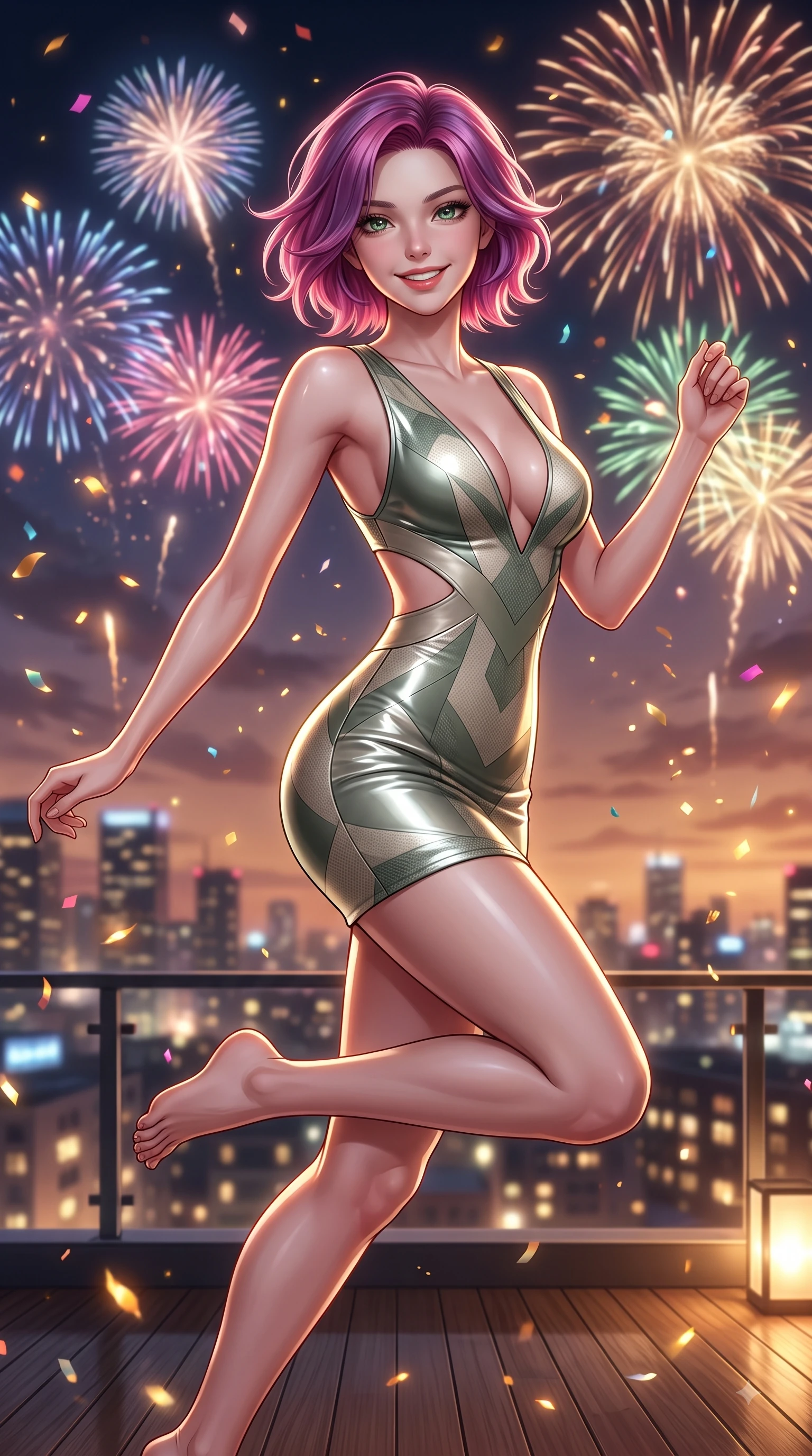 score_9, masterpiece, best quality, ultra-detailed, high-budget anime keyframe, editorial fashion photography, tasteful artistic composition, Caucasian woman. close-up cowboy shot from the waist and thighs up, the character dominates the composition, filling the frame with her large presence, background elements kept in soft focus. Gazing directly into the camera with a joyful, infectious smile as her torso curves dynamically in mid-stride while leaping joyfully on a high-rise penthouse rooftop deck under a sky of festive fireworks, sparkling confetti and golden embers drifting around her dynamic silhouette. She has an exceptionally elegant, slender, and willowy female figure with an ultra-slim waist, a gracefully sculpted slender torso, and a refined silhouette. sharp v-shaped jawline, high-bridge nose, intricate jewel-like eyes with depth, thick eyelashes, glossy lips with a natural sheen, flawlessly proportioned anatomical accuracy, natural body alignment, perfectly sculpted elegant limbs, clean dynamic posture without body distortion. wearing a liquid mercury gloss mini dress with ultra-deep V-neck and waist cutouts in sage green and oatmeal, made of fine carbon-fiber weave and soft matte leather, featuring subtle geometric cutouts that highlight her ultra-slim midriff, the tailored fabric tightly following every curve of her athletic build. illuminated by cheerful city skyline backlighting and vibrant rim lights. ultra-reflective glossy finish, specular highlights, metallic sheen, high-contrast stereoscopic depth, volumetric dynamic lighting, 2k, ultra detail, master piece, 9:16 ratio