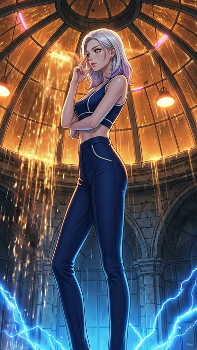 A cinematic 2D anime animation. The warm pendant lights and neon highlights glow brighter and pulse gently. Volumetric dust motes drift lazily through the warm orange sunbeams. The camera executes a slow, steady orbit around the character. Subtle shi