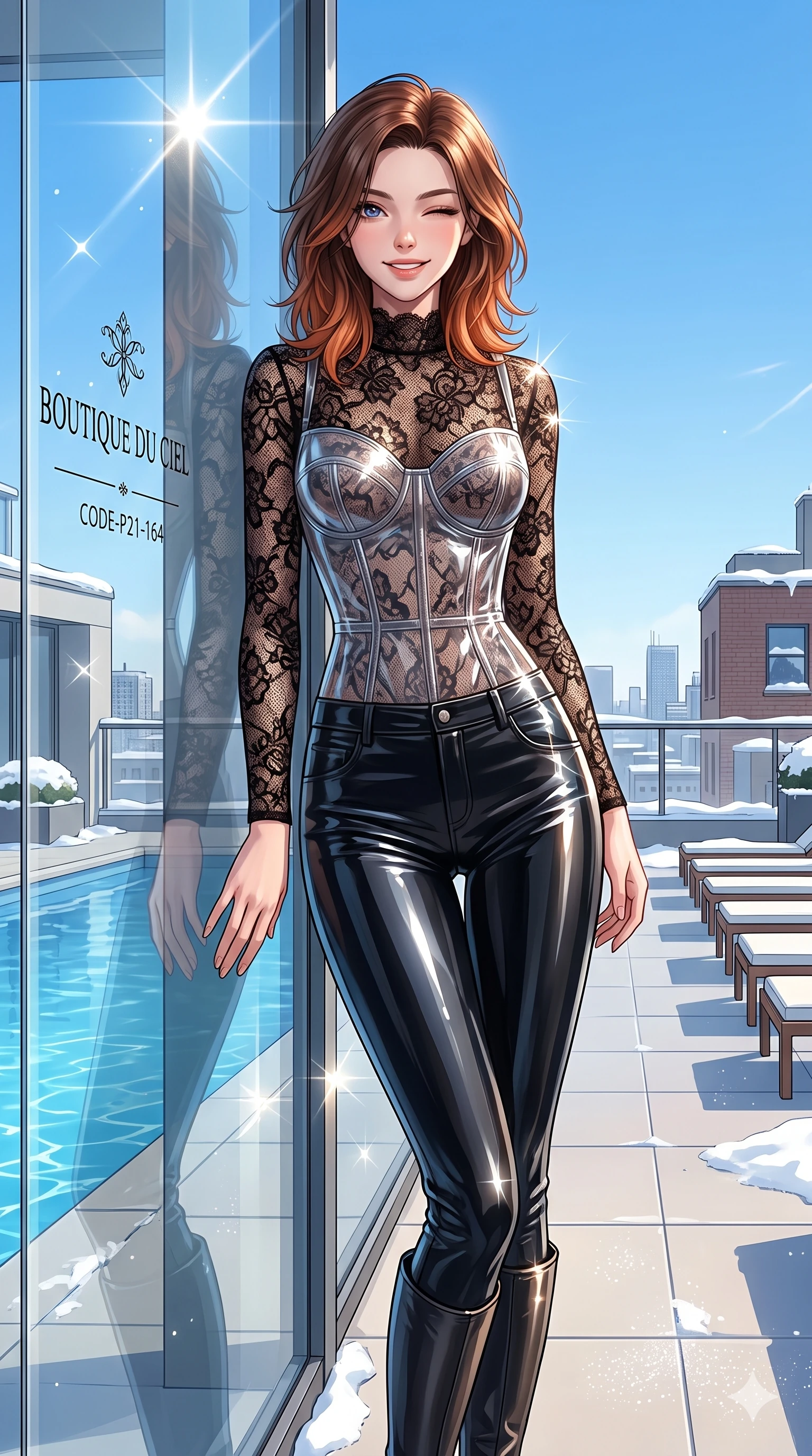 score_9, masterpiece, best quality, ultra-detailed, high-budget anime keyframe, vibrant anime aesthetic, Korean woman. cowboy shot from the thighs up, character and outfit filling the frame for maximum presence. She is leaning against a boutique window, winking with a playful and lively winter expression on a sunny rooftop pool lounge under clear winter sky (Code-P21-164). She has an absolutely perfect 8-heads proportion, an exceptionally tall and slender female figure with impossibly long slender legs and an ultra-slim waist. V-shaped jawline, high-bridge nose, intricate jewel-like eyes with depth, thick eyelashes, glossy lips with a natural sheen. wearing a transparent vinyl corset over a black lace bodysuit in winter. She is illuminated by direct, sparkling winter sunbeams reflecting off the clean window glass. 2k, ultra detail, master piece, 9:16 ratio