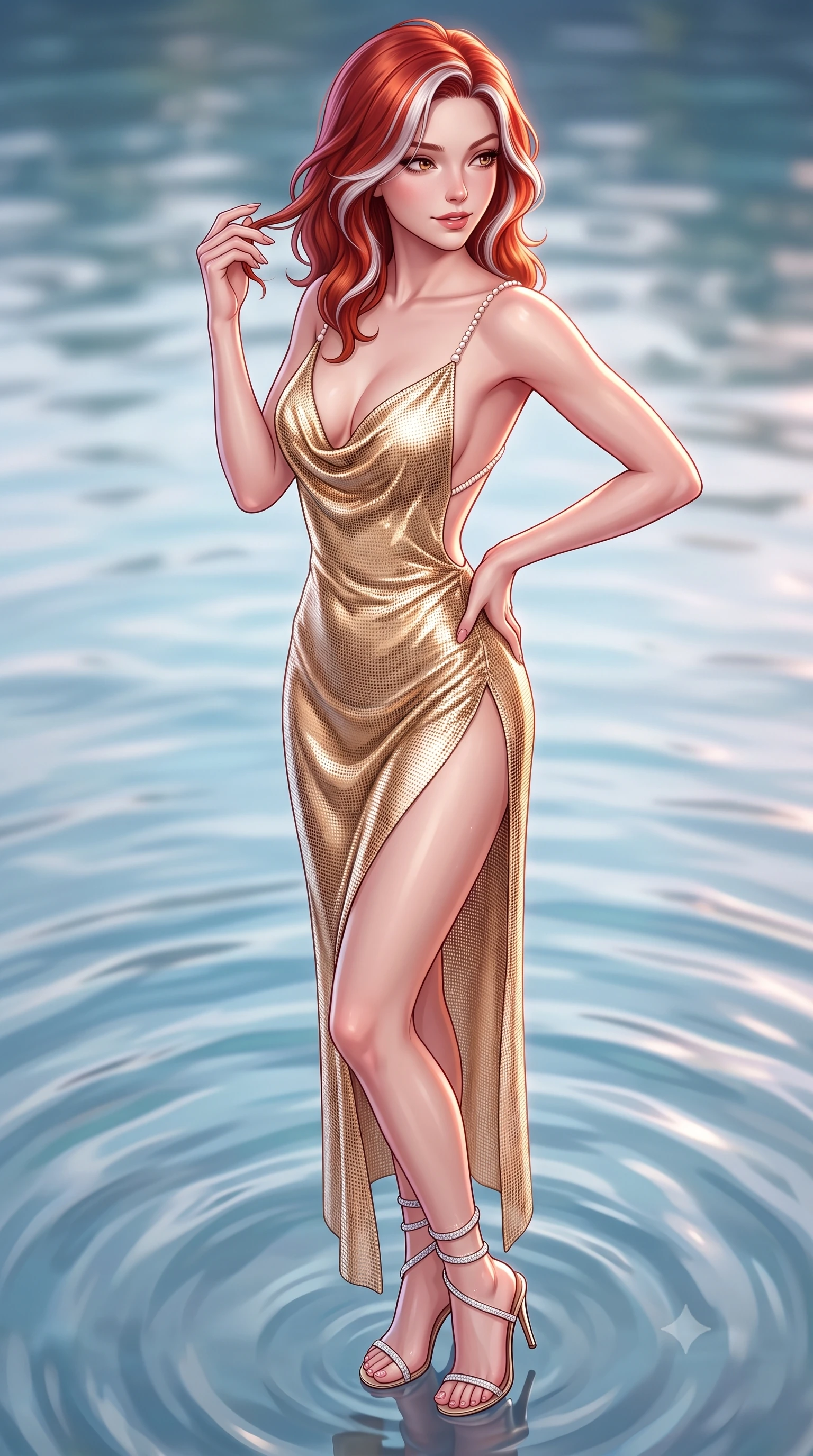 score_9, masterpiece, best quality, ultra-detailed, high-budget anime keyframe, semi-realistic 3D game render, editorial fashion photography, tasteful artistic composition, Caucasian woman. close-up cowboy shot from the waist and thighs up, the character dominates the composition, filling the frame with her large presence. twisting her slender torso in an alluring contrapposto stance, one hand resting on her sculpted hip while her fingers toy with her hair with effortless poise while standing knee-deep in the mirror-smooth pool with hips cocked back, looking over a bare shoulder toward the vineyard with smoldering siren allure. The background shows a soft-focus swirling pool water ripples softened in cinematic Mediterranean shallow focus. She has an exceptionally elegant, slender, and willowy female figure with an ultra-slim waist, flat toned midriff, narrow ribcage, and sculpted feminine hips creating an alluring, slim hourglass silhouette without bulk. sharp v-shaped jawline, high-bridge nose, sparkling eyes with hypnotic seductive depth, thick curled eyelashes, glossy parted lips with a natural dewy peach sheen, alluring bedroom-eyes with an enchanting coquettish smile, exuding magnetic siren charisma and sophisticated glamour, flawlessly proportioned anatomical accuracy, strict slender model proportions, natural body alignment, perfectly sculpted long slender limbs, ultra-slim waistline, clean dynamic posture without body distortion. wearing a plunging cowl-neck liquid silk satin slip gown with daring hip-high slit and delicate pearl spaghetti straps in desert gold and shimmering sand dune champagne, crafted from shimmering fluid chainmail mesh reflecting ambient lights, complemented by strappy stiletto sandals with crystal ankle wraps accentuating her slender calves, the precision-cut side openings and low-back scoop framing her graceful spine and the sensual sweep of her slim, toned hips. illuminated by pool water specular reflections and sharp rose-gold rim lights defining her delicate clavicles, ultra-slim waist, and curvy hips. highly saturated vibrant anime colors, detailed shading with soft gradients, rich glossy textures, high-contrast stereoscopic depth, volumetric dynamic lighting, master piece, 9:16 ratio