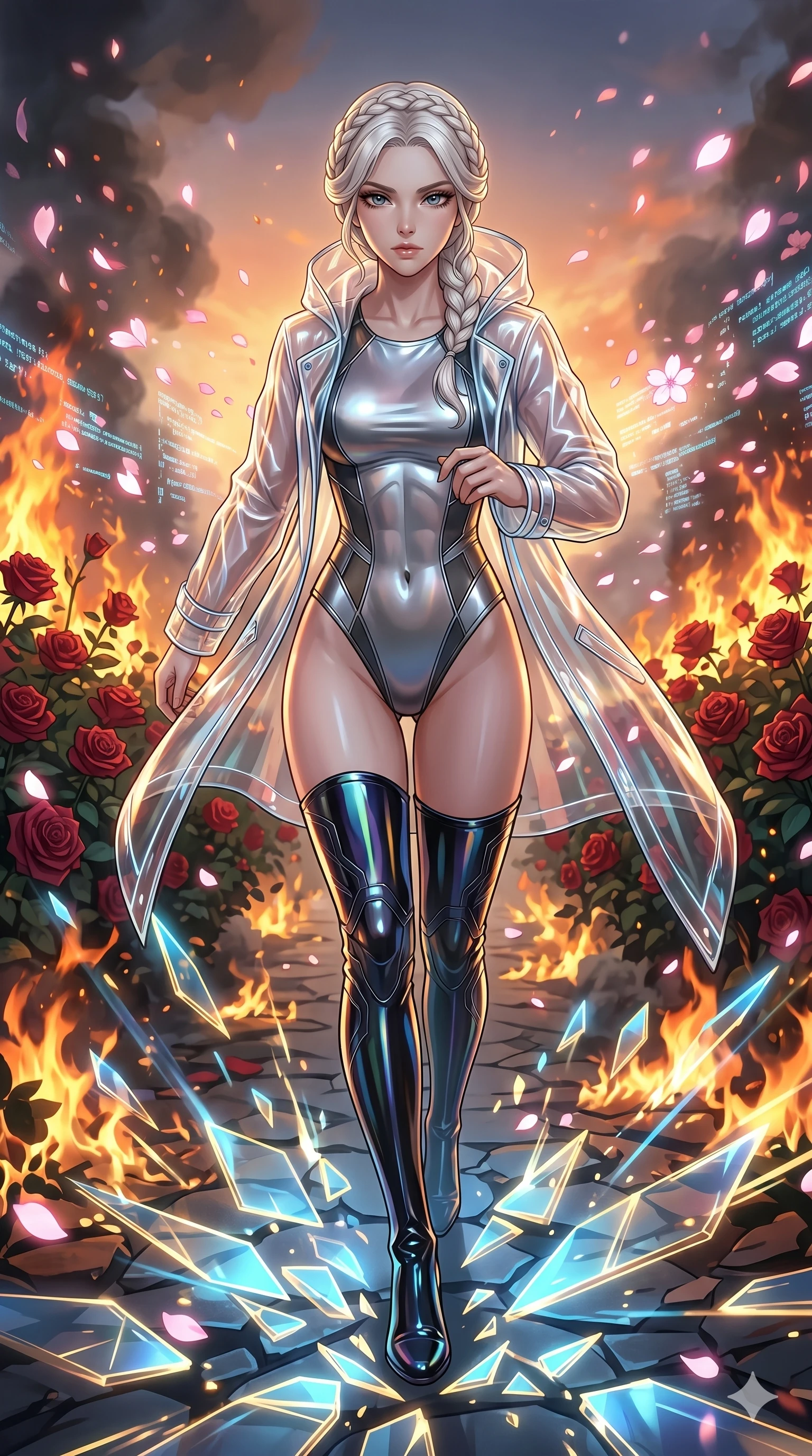 score_9, masterpiece, best quality, ultra-detailed, Set A: High-budget Anime Keyframe, Japanese woman. Low angle cowboy shot filling the entire 9:16 frame with her statuesque presence. Sprinting through a burning rose garden, as the ground beneath her turns into 31 shards of light and surrounded by digital sakura petals. She has an well-proportioned figure, an tall and elegant figure with elegant legs and an graceful posture. Sharp v-shaped jawline, high-bridge nose, intricate jewel-like eyes with depth, thick eyelashes, glossy lips with a natural sheen. Wearing Glossy material raincoat over a metallic swimwear and thigh-high patent boots. Cinematic lighting, vibrant colors, dramatic shadows, 2k, ultra detail, master piece, 9:16 ratio