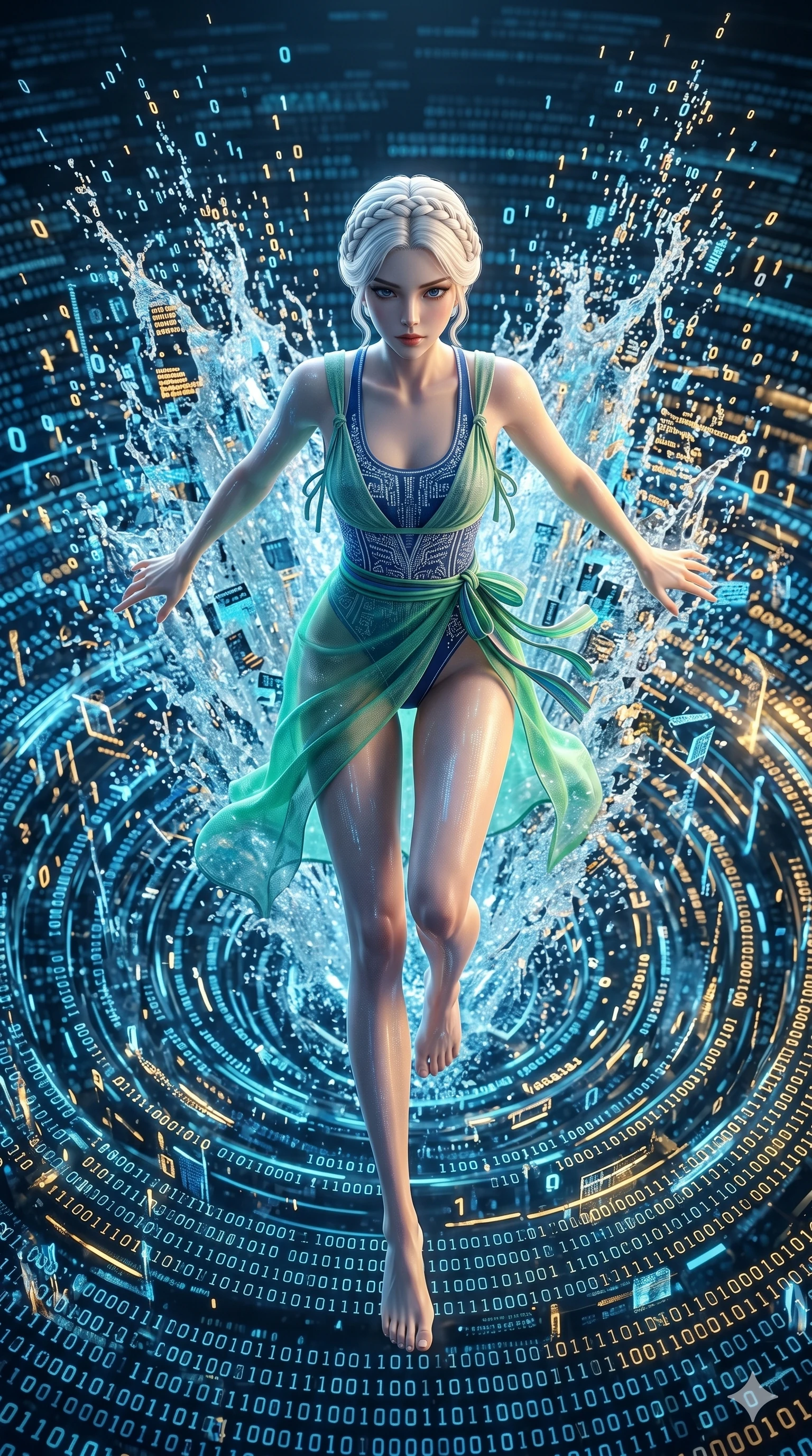 score_9, masterpiece, best quality, ultra-detailed, photorealistic 8k CG, hyper-detailed textures, ray-tracing, Korean woman. Extreme high angle shot as she leaps towards the camera, filling the frame. diving into a digital ocean of binary code, creating a massive splash of data. She has an absolutely perfect 8-heads proportion, an exceptionally tall and slender female figure with an ultra-slim waist and impossibly long slender legs. strictly human anatomy, two legs only, no extra limbs, clearly defined legs and arms, perfect anatomy, perfect hands and fingers. sharp v-shaped jawline, high-bridge nose, intricate jewel-like eyes, thick eyelashes, glossy lips. Wearing Seasonal/Resort: High-cut one-piece with sarong, linen sundress with tie-back, and sheer fabric wrap. The scene is illuminated by dramatic atmospheric lighting and vibrant color palettes. , 2k, ultra detail, master piece, 9:16 ratio