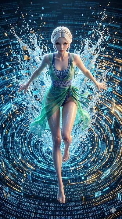 score_9, masterpiece, best quality, ultra-detailed, photorealistic 8k CG, hyper-detailed textures, ray-tracing, Korean woman. Extreme high angle shot as she leaps towards the camera, filling the frame. diving into a digital ocean of binary code, crea