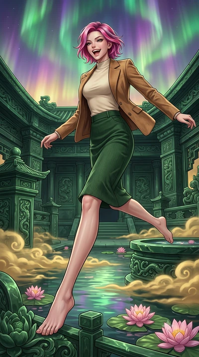 score_9, masterpiece, best quality, ultra-detailed, high-budget anime keyframe, editorial fashion photography, tasteful artistic composition, Caucasian woman, strictly human ears. low angle full-body shot from head to toe showing her feet, filling th