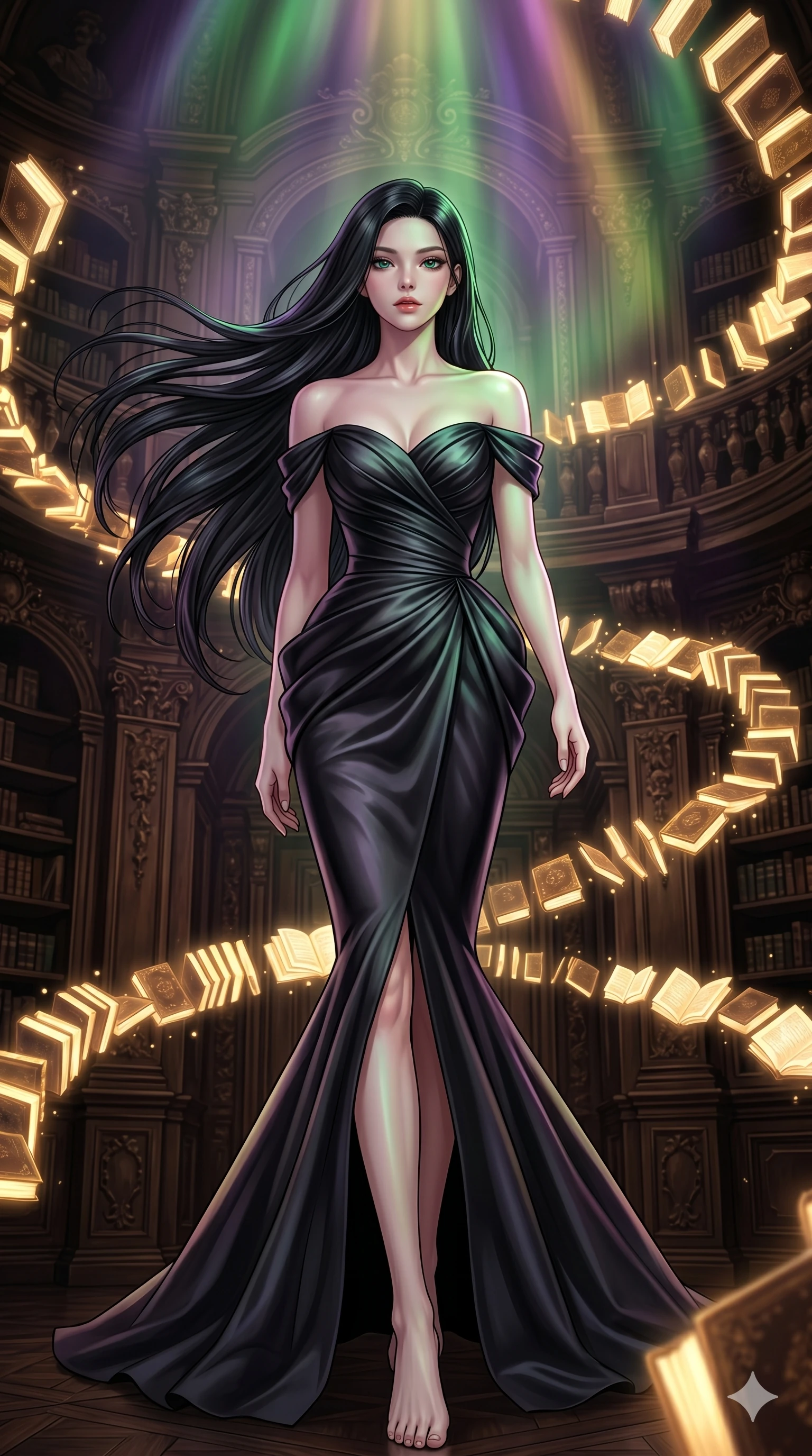 score_9, masterpiece, best quality, ultra-detailed, high-budget anime keyframe, editorial fashion photography, tasteful artistic composition, Korean woman. low angle full-body shot from head to toe showing her feet, filling the entire 9:16 vertical frame with her statuesque presence, stretching her vertical silhouette. Walking in slow-motion with dramatic hair movement behind her amidst a baroque library where glowing golden books orbit in slow spiral patterns. She has an absolutely perfect 8-heads proportion, an exceptionally tall and slender female figure with impossibly long slender legs and an ultra-slim waist. V-shaped jawline, high-bridge nose, intricate jewel-like eyes with depth, thick eyelashes, glossy lips with a natural sheen. wearing an off-shoulder fitted mermaid gown in black pearl satin with sculptural ruched bodice, dramatic hip emphasis, and a fluted fishtail hem with a daring high front slit. illuminated by a shifting aurora palette of green, violet, and gold from above, wrapping her in color. 2k, ultra detail, master piece, 9:16 ratio