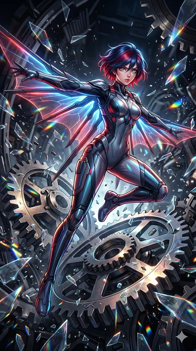 score_9, masterpiece, best quality, ultra-detailed, Set A: High-budget Anime Keyframe, Japanese woman. Low angle cowboy shot filling the entire 9:16 frame with her statuesque presence. Leaping through a throne of gears, while her eyes glow with 190 d