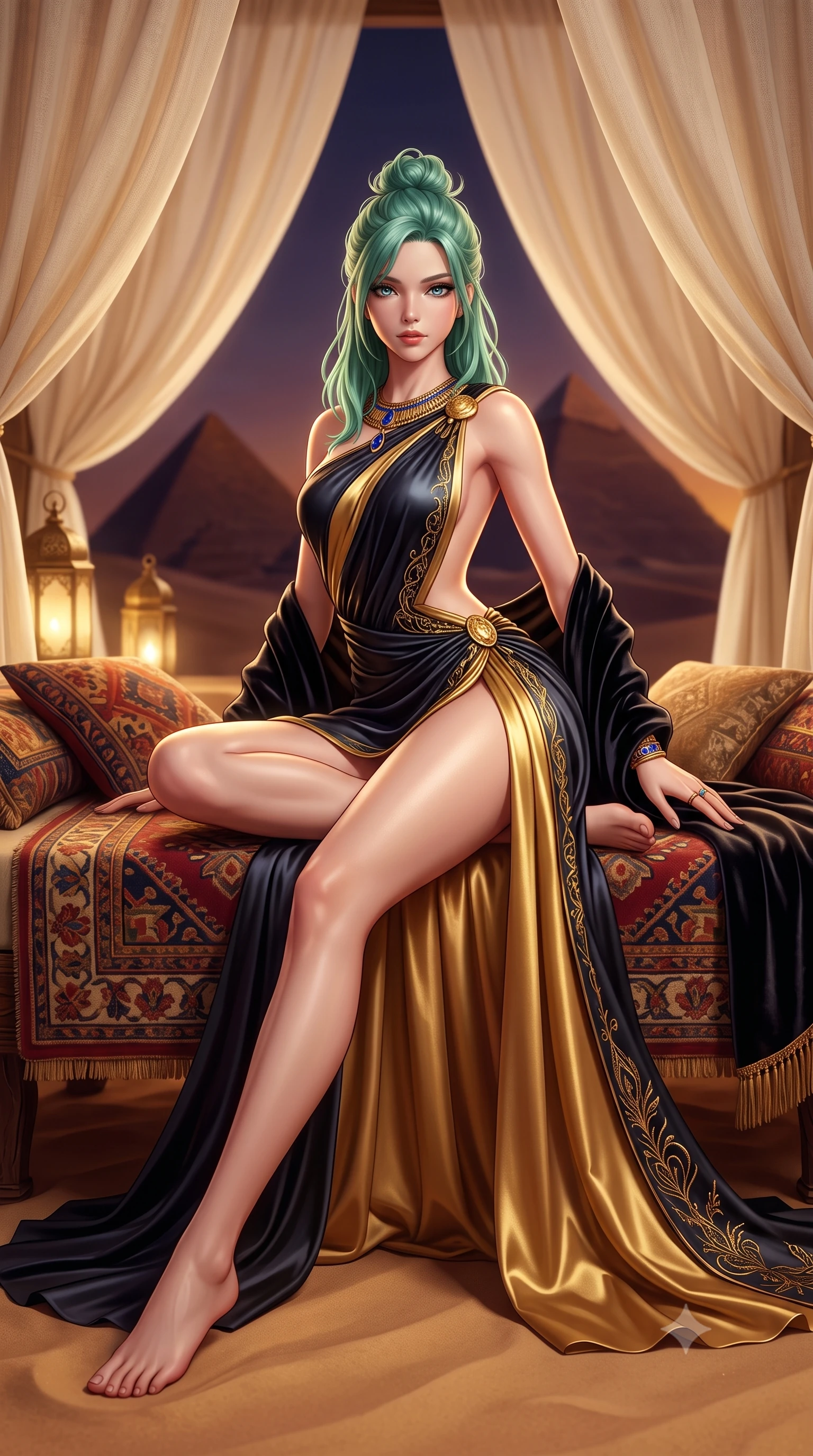 score_9, masterpiece, best quality, ultra-detailed, high-budget anime keyframe, semi-realistic 3D game render, editorial fashion photography, tasteful artistic composition, Japanese woman. low angle full-body shot from head to toe showing her feet, filling the entire 9:16 vertical frame with her statuesque presence, stretching her vertical silhouette. reclining on her side in an elegant Cleopatra pose with one knee drawn up, the dramatic contour of her rounded hips and long slender legs commanding the 9:16 vertical frame while reclining across a low daybed draped in Egyptian kilims under billowing linen canopies, arching her back as the Great Pyramids silhouette against an amber sky. The composition keeps background elements in soft focus with creamy bokeh. billowing cream linen shade drapes and brass lanterns softened in exotic desert shallow focus. She has an exceptionally tall and slender model-like 8.5-heads proportion, an ultra-slim waist, a flat toned midriff, narrow delicate ribcage, and beautifully sculpted feminine hips creating a graceful, slim hourglass silhouette without any bulky heaviness, with impossibly long slender legs. sharp v-shaped jawline, high-bridge nose, intricate jewel-like eyes with depth, thick eyelashes, glossy parted lips with a natural sheen, intensely captivating and seductive bedroom-eyes expression, flawlessly proportioned anatomical accuracy, strict slender model proportions, natural body alignment, perfectly sculpted long slender limbs, ultra-slim waistline, clean dynamic posture without body distortion. wearing a high-slit Grecian goddess draped gown with asymmetrical gold shoulder clasps and hip gathering in midnight obsidian black and liquid gold, tailored from ultra-smooth duchess satin with a pearlescent sheen, complemented by a plush velvet shawl draped loosely over her elbows, the glove-like aerodynamic silhouette tightly following the natural contour of her hips and long slender legs with statuesque 8.5-heads elegance. illuminated by warm sand surface bounce light contouring her razor-sharp jawline, narrow waist, and curvy hips. highly saturated vibrant anime colors, detailed shading with soft gradients, rich glossy textures, high-contrast stereoscopic depth, volumetric dynamic lighting, master piece, 9:16 ratio