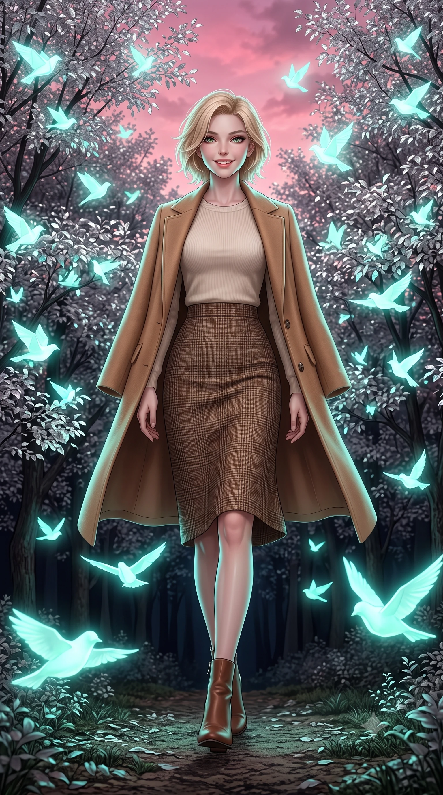 score_9, masterpiece, best quality, ultra-detailed, high-budget anime keyframe, editorial fashion photography, tasteful artistic composition, Caucasian woman, strictly human ears. low angle full-body shot from head to toe showing her feet, filling the entire 9:16 vertical frame with her statuesque presence, stretching her vertical silhouette. stepping elegantly with a warm, welcoming smile through in a forest clearing filled with silver-leaf trees where thousands of glowing paper birds nest and take flight into a pink evening sky. She has a statuesque 8.5-heads proportion, an exceptionally tall, slender and willowy model-like build with impossibly long legs and a highly sculpted ultra-slim waist. sharp v-shaped jawline, high-bridge nose, intricate jewel-like eyes with depth, thick eyelashes, glossy lips with a natural sheen. wearing a tailored camel hair coat over a soft cream knit top and a brown check wool pencil skirt. soft aqua bioluminescent light making her skin luminously glow against darkness. 2k, ultra detail, master piece, 9:16 ratio