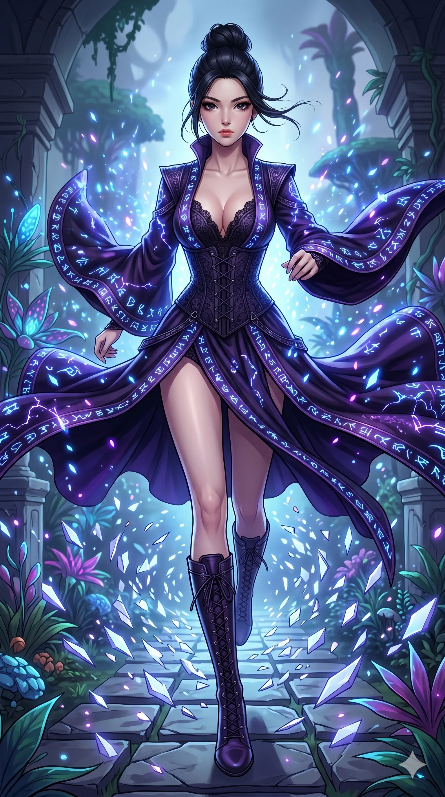 score_9, masterpiece, best quality, ultra-detailed, Set A: High-budget Anime Keyframe, Korean woman. Low angle cowboy shot filling the entire 9:16 frame with her statuesque presence. Sprinting through a floating botanical garden, as the ground beneath her turns into 211 shards of light and surrounded by glowing energy sparks. She has an absolutely perfect 8-heads proportion, an exceptionally tall and slender female figure with impossibly long slender legs and an ultra-slim waist. Sharp v-shaped jawline, high-bridge nose, intricate jewel-like eyes with depth, thick eyelashes, glossy lips with a natural sheen. Wearing Dark sorceress robes with glowing runes and a deep-cut lace corset. Cinematic lighting, vibrant colors, dramatic shadows, 2k, ultra detail, master piece, 9:16 ratio