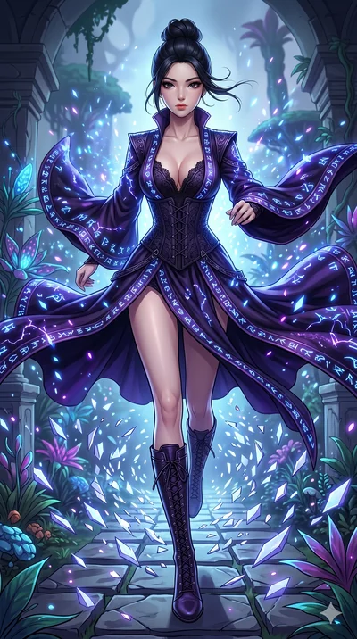 score_9, masterpiece, best quality, ultra-detailed, Set A: High-budget Anime Keyframe, Korean woman. Low angle cowboy shot filling the entire 9:16 frame with her statuesque presence. Sprinting through a floating botanical garden, as the ground beneat