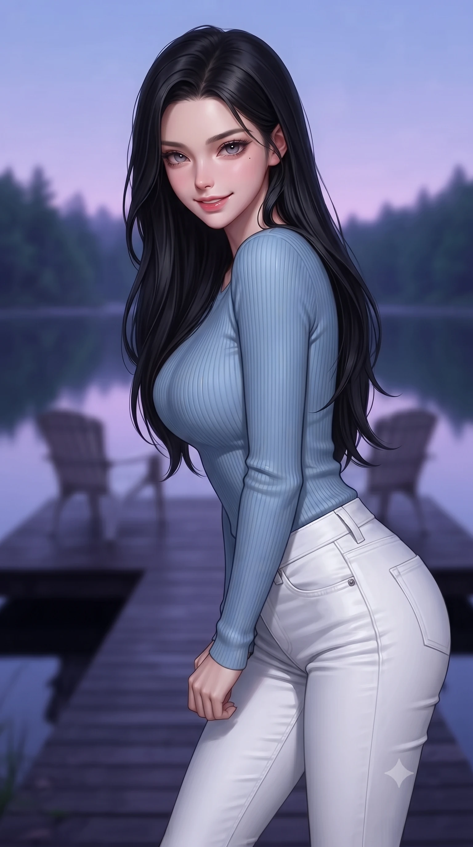 score_9, masterpiece, best quality, ultra-detailed, high-budget anime keyframe, editorial fashion photography, tasteful artistic composition, Korean woman woman. close-up cowboy shot from the waist and thighs up, the character dominates the composition, filling the frame with her large presence, background elements kept in soft focus. leaning slightly forward with a playful, teasing smile, her gaze locked onto the viewer the background shows a soft-focus a simple dark wood deck extending over a calm forest lake, with two chairs. She has an exceptionally elegant, slender, and willowy female figure with an ultra-slim waist, a gracefully sculpted slender torso, and a refined silhouette. sharp v-shaped jawline, high-bridge nose, intricate jewel-like eyes with depth, thick eyelashes, glossy lips with a natural sheen. wearing a body-hugging body-hugging light blue ribbed long-sleeve top paired with tight white denim pants. the serene purple and blue hues of twilight reflecting on the still water. ultra-reflective glossy finish, specular highlights, metallic sheen, high-contrast stereoscopic depth, volumetric dynamic lighting, 2k, ultra detail, master piece, 9:16 ratio