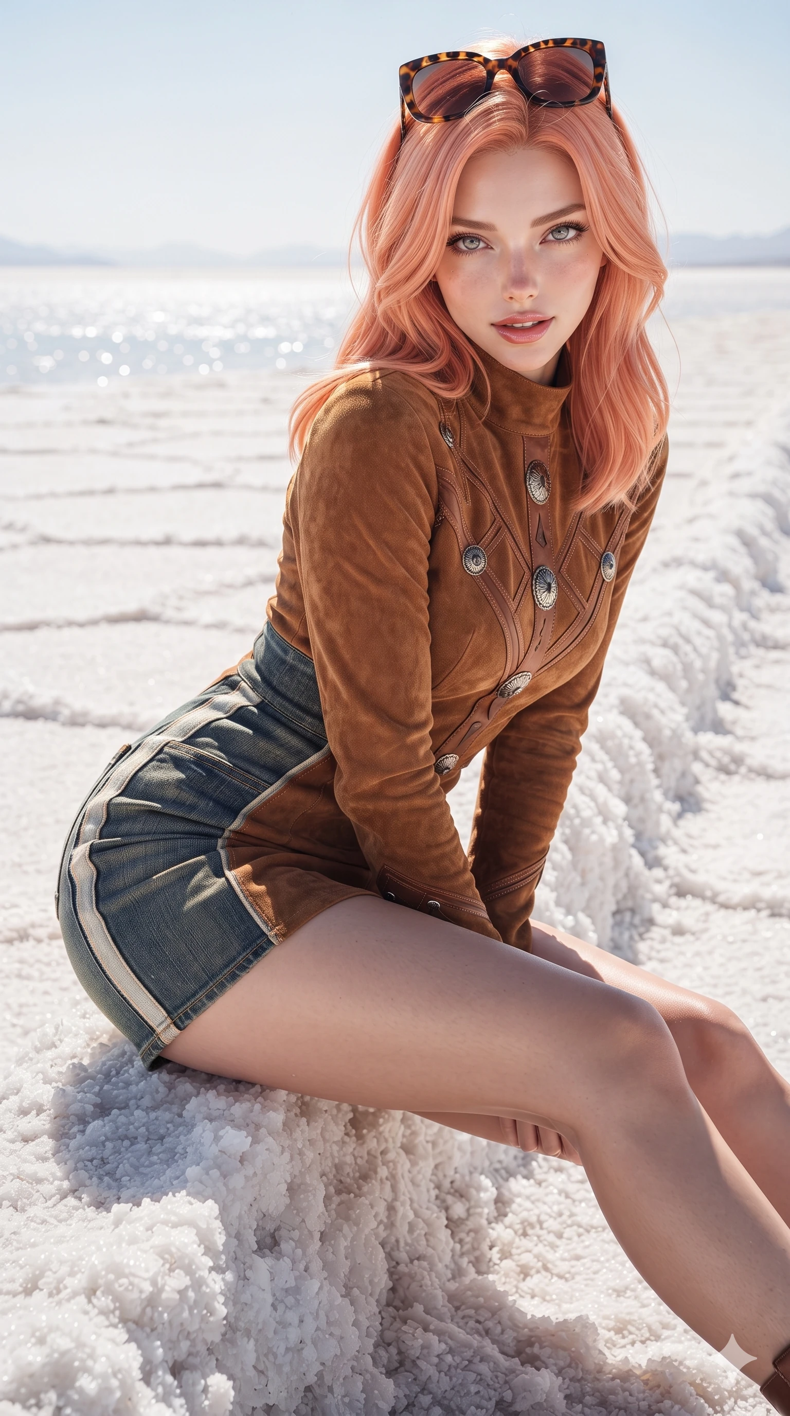 score_9, masterpiece, best quality, ultra-detailed, high-budget anime keyframe, editorial fashion photography, tasteful artistic composition, Japanese woman. close-up cowboy shot from the waist and thighs up, the character dominates the composition, filling the frame with her large presence. leaning forward while arching her lower back to accentuate her curvy hips, looking into the camera with an intoxicating smoldering gaze and bedroom-eyes while sitting poised on the raised white salt ridge with legs extended, flashing an intoxicating smile with parted glossy lips as shimmering mirages dance across the horizon. The surrounding environment is rendered in vivid detail and crisp panoramic clarity: detailed liquid-tight tailored fabric cling, specular surface highlights, and vast geometric salt expanse in razor-sharp clarity. She has an exceptionally elegant, slender, and willowy female figure with an ultra-slim waist, flat toned midriff, narrow ribcage, and sculpted feminine hips creating an alluring, slim hourglass silhouette without bulk. sharp v-shaped jawline, high-bridge nose, sparkling eyes with hypnotic seductive depth, thick curled eyelashes, glossy parted lips with a natural dewy peach sheen, alluring bedroom-eyes with an enchanting coquettish smile, exuding magnetic siren charisma and sophisticated glamour, flawlessly proportioned anatomical accuracy, strict slender model proportions, natural body alignment, perfectly sculpted long slender limbs, ultra-slim waistline, clean dynamic posture without body distortion. wearing a modest long-sleeve suede desert shift dress with high neckline and geometric leather stitching in rich cognac suede and antique silver concho hardware, woven from bespoke sun-bleached selvedge denim with rich tactile slub texture, complemented by oversized designer tortoiseshell sunglasses resting atop her head, the impeccably tailored cut draping gracefully along her slender figure with aristocratic western poise. bathed in the blinding, high-key white desert daylight reflecting intensely from the salt crust with radiant ethereal fill light. ultra-reflective glossy finish, specular highlights, rich textural contrasts, high-contrast stereoscopic depth, volumetric dynamic lighting, 2k, ultra detail, master piece, 9:16 ratio