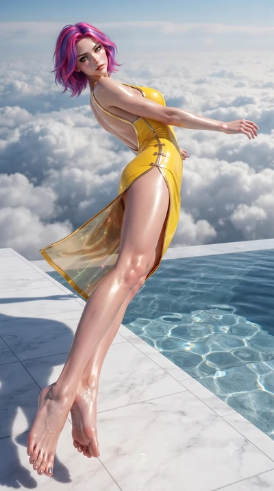 score_9, masterpiece, best quality, ultra-detailed, high-budget anime keyframe, editorial fashion photography, tasteful artistic composition, Caucasian woman. low angle full-body shot from head to toe showing her feet, filling the entire 9:16 vertica
