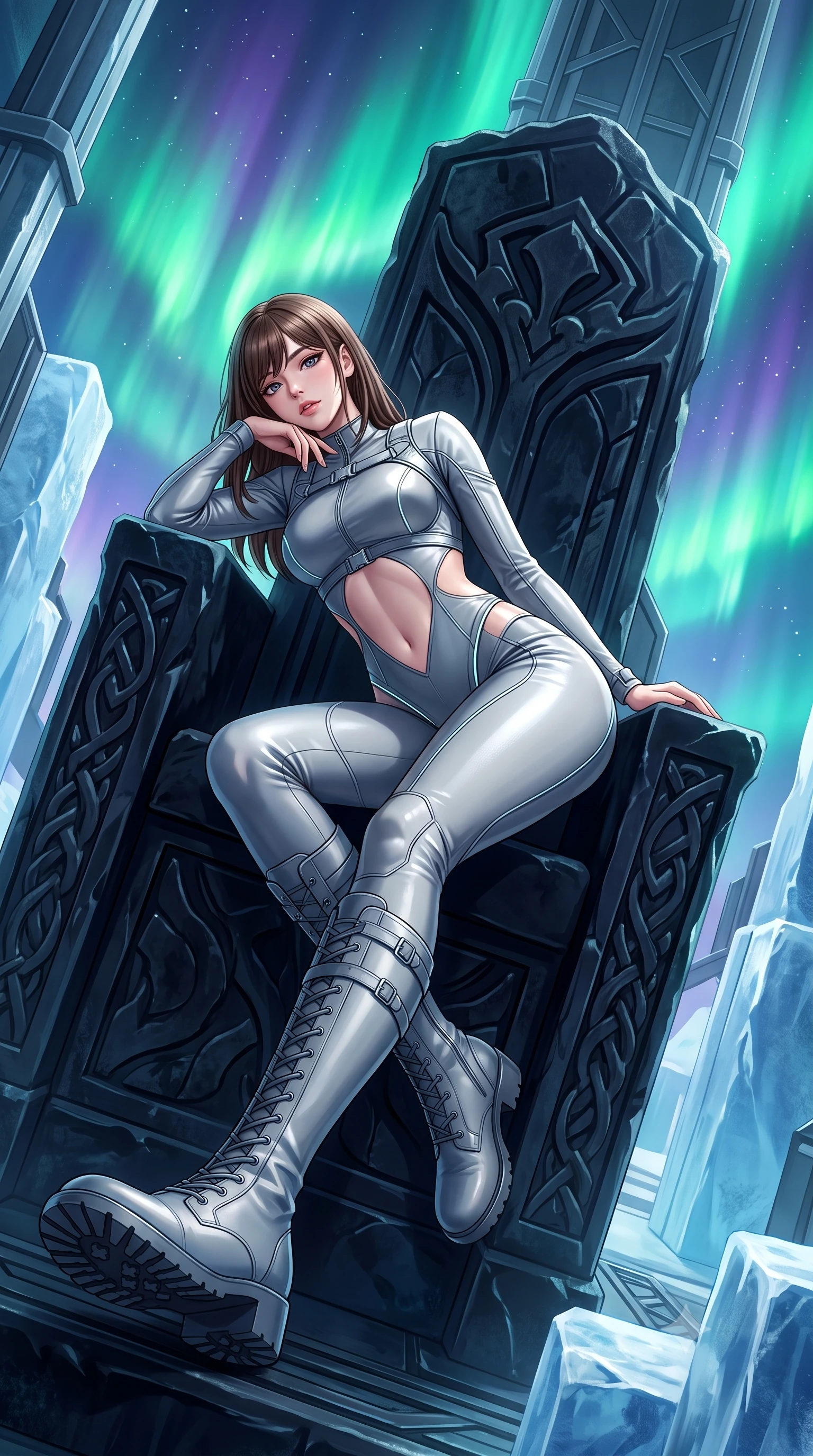 score_9, masterpiece, best quality, ultra-detailed, high-budget anime keyframe, semi-realistic 3D game render, editorial fashion photography, tasteful artistic composition, Korean woman. low angle full-body shot from head to toe showing her feet, filling the entire 9:16 vertical frame with her statuesque presence, stretching her vertical silhouette. leaning deep against the structural architecture with hips cocked in an unapologetically bold, seductive high-fashion stance while reclining on a carved obsidian throne propped on one elbow, eyes glowing with supernatural magnetism as she glances past the camera. The surrounding environment is rendered in vivid detail and crisp panoramic clarity. monumental high-contrast Nordic sci-fi chiaroscuro and mythic glacial architecture in precision. She has an absolutely perfect, statuesque 8.5-heads proportion, an exceptionally tall and slender model-like female figure with impossibly long slender legs, a toned flat midriff, an ultra-slim waist, and beautifully sculpted feminine hips. sharp v-shaped jawline, high-bridge nose, intricate jewel-like eyes with depth, thick eyelashes, glossy parted lips with a natural sheen, intensely captivating and seductive bedroom-eyes expression, flawlessly proportioned anatomical accuracy, strict slender model proportions, natural body alignment, perfectly sculpted long slender limbs, ultra-slim waistline, clean dynamic posture without body distortion. wearing a stealth ballistic leather bodysuit with diagonal midriff cutouts and knee-high combat boots in winter slate grey and pearl luster, tailored from supple second-skin lambskin leather adhering to her curves, finished with quick-release titanium buckles and neon-reflective piping, the liquid-tight tailored fabric clinging flawlessly to her narrow waist and rounded feminine hips, emphasizing every millimeter of her sculpted hourglass curves during movement. bathed in vibrant emerald and violet aurora backlighting from the polar sky. highly saturated vibrant anime colors, detailed shading with soft gradients, rich glossy textures, high-contrast stereoscopic depth, volumetric dynamic lighting, master piece, 9:16 ratio