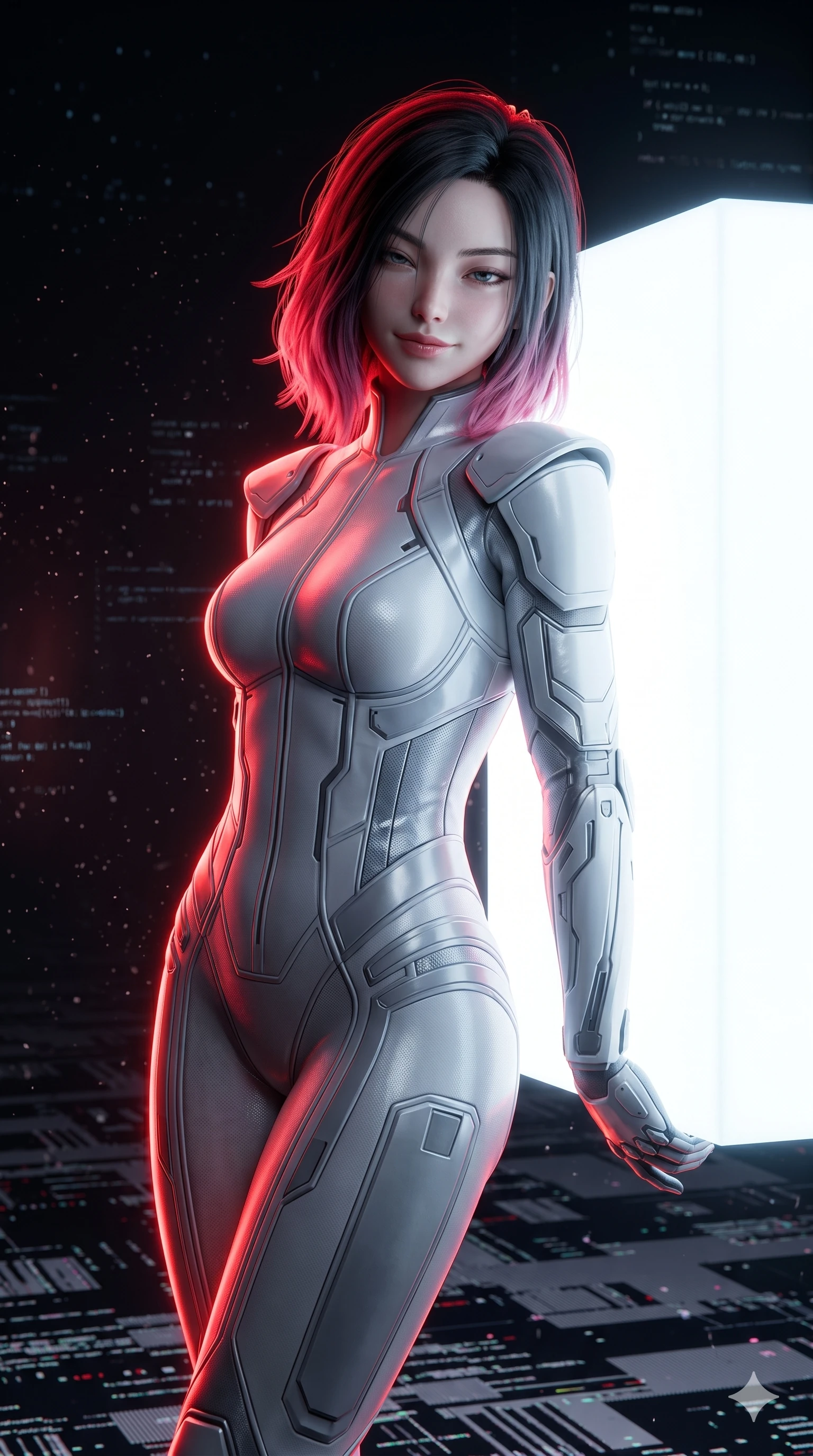 score_9, masterpiece, best quality, ultra-detailed, high-budget anime keyframe, semi-realistic 3D game render, Korean woman. Upper body close-up from the thighs up, character filling the screen for maximum presence. Inside a digital void, next to a giant floating cube of light, leaning against the cube, looking towards the camera with a confident smile. She is wearing a sleek white and silver jumpsuit with structured shoulder panels. The scene is drenched in the bright white light of the cube and a sharp red rim light. 2k, ultra detail, master piece, 9:16 ratio