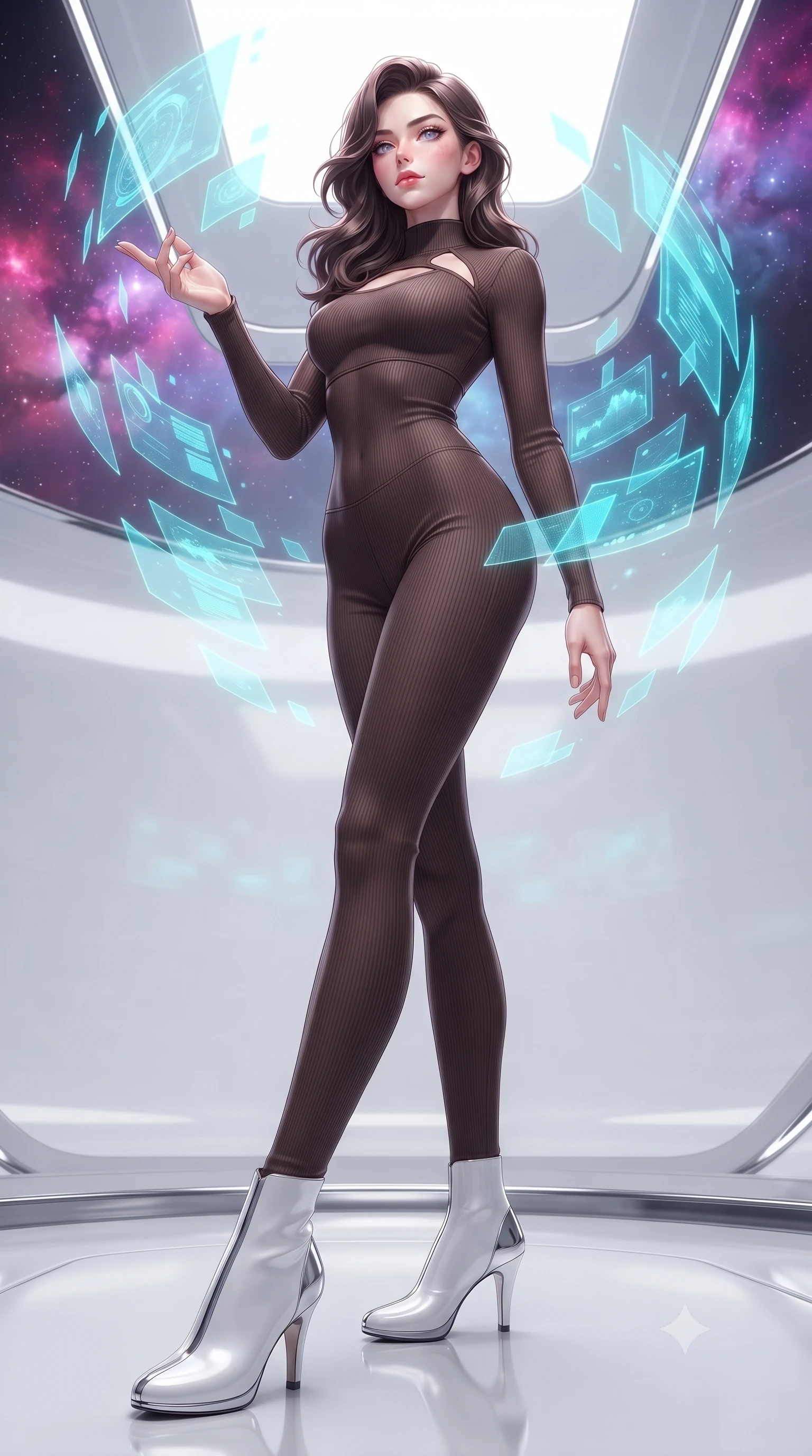 score_9, masterpiece, best quality, ultra-detailed, high-budget anime keyframe, editorial fashion photography, tasteful artistic composition, Japanese woman. low angle full-body shot from head to toe showing her feet, filling the entire 9:16 vertical frame with her statuesque presence, stretching her vertical silhouette. interacting gracefully with the magical floating elements while maintaining a confident posture manipulating floating translucent cyan hologram data shards in a void, sleek reflective white and chrome surfaces emphasizing ultra-clean lines. She has an absolutely perfect, statuesque 8.5-heads proportion, an exceptionally tall and slender model-like female figure with impossibly long slender legs and an ultra-slim waist. sharp v-shaped jawline, high-bridge nose, intricate jewel-like eyes with depth, thick eyelashes, glossy lips with a natural sheen. wearing a form-fitting ribbed activewear set in espresso brown with elegant collar cutouts, the tailored fabric tightly following every curve of her athletic build. illuminated by radiant cosmic nebula light and glowing holographic displays. highly saturated vibrant anime colors, detailed shading with soft gradients, rich glossy textures, high-contrast stereoscopic depth, volumetric dynamic lighting, master piece, 9:16 ratio