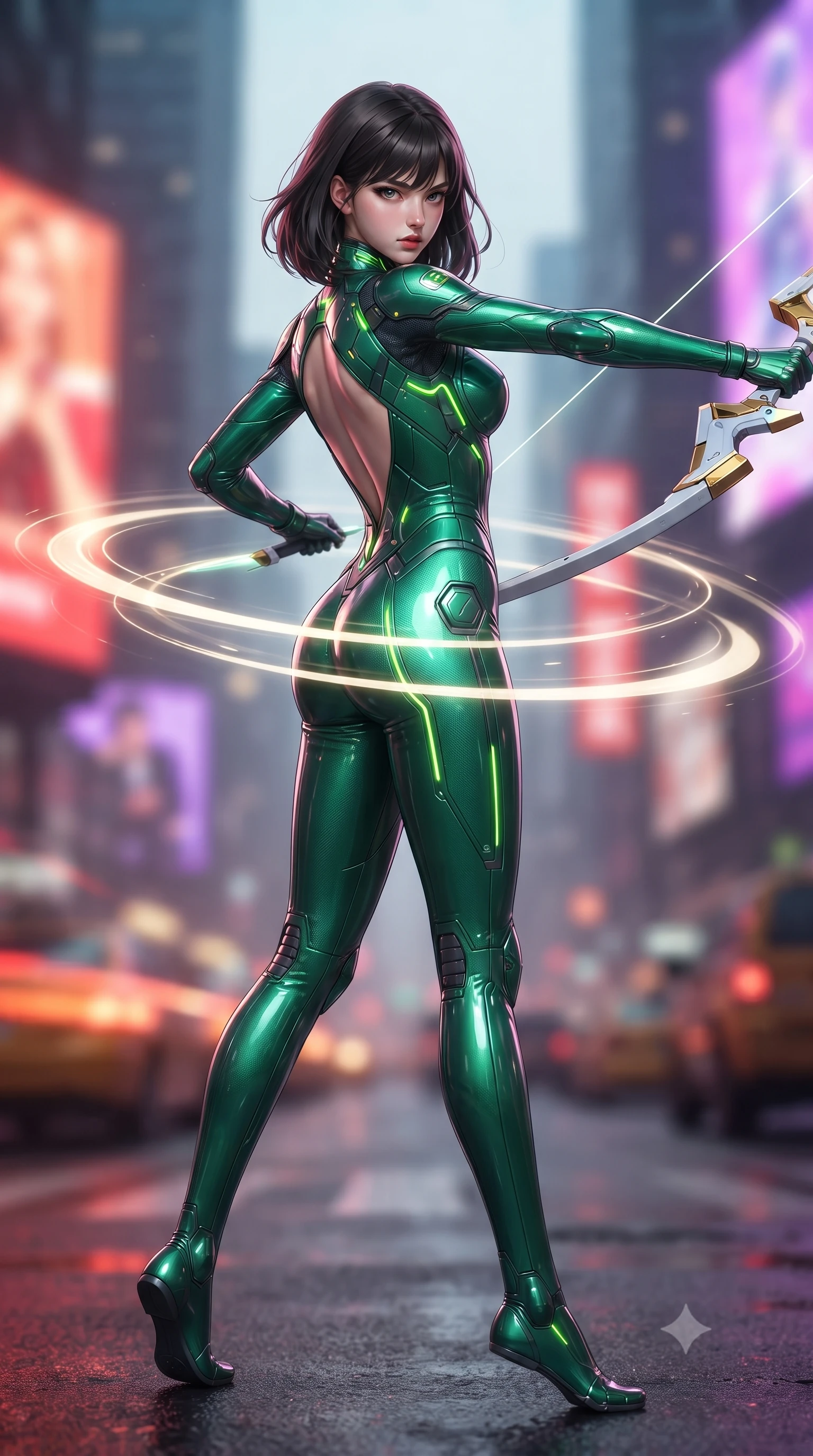score_9, masterpiece, best quality, ultra-detailed, high-budget anime keyframe, editorial fashion photography, tasteful artistic composition, Korean woman. low angle full-body shot from head to toe showing her feet, filling the entire 9:16 vertical frame with her statuesque presence, stretching her vertical silhouette. pivoting dynamically in mid-motion with a breathtakingly alluring posture, displaying her flawless model proportions, toned flat midriff, and ultra-slim waist while spinning gracefully in a high-speed combat turn as twin blade energy trails create glowing light rings around her waist. The composition keeps background elements in soft focus with creamy bokeh. streaking cyber-traffic light trails and giant holographic billboards blurred into dazzling crimson, amber, and violet bokeh. She has an absolutely perfect, statuesque 8.5-heads proportion, an exceptionally tall and slender model-like female figure with impossibly long slender legs, a toned flat midriff, and an ultra-slim waist. sharp v-shaped jawline, high-bridge nose, intricate jewel-like eyes with depth, thick eyelashes, glossy lips with a natural sheen, flawlessly proportioned anatomical accuracy, strict slender model proportions, natural body alignment, perfectly sculpted long slender limbs, ultra-slim waistline, clean dynamic posture without body distortion. wearing a tailored emerald-green carbon-fiber tactical jumpsuit with glowing lime LED channels and an open cowl back, drawing a floating holographic photon energy bow with supreme grace in arctic white carbon composite with radiant solar gold plating, made of lightweight aerodynamic carbon-titanium alloy with polished edge bevels, finished with high-mobility articulation joints and miniature magnetic armor locks, the glove-like aerodynamic second-skin fit tightly clinging to her ultra-slender waist and athletic curves without adding bulk, accentuating her razor-sharp statuesque lines and slim hourglass silhouette. surrounded by a fast, fierce, and intoxicatingly seductive cyber-assassin muse aura. ultra-reflective glossy finish, specular highlights, dark metallic sheen, high-contrast stereoscopic depth, volumetric dynamic lighting, 2k, ultra detail, master piece, 9:16 ratio