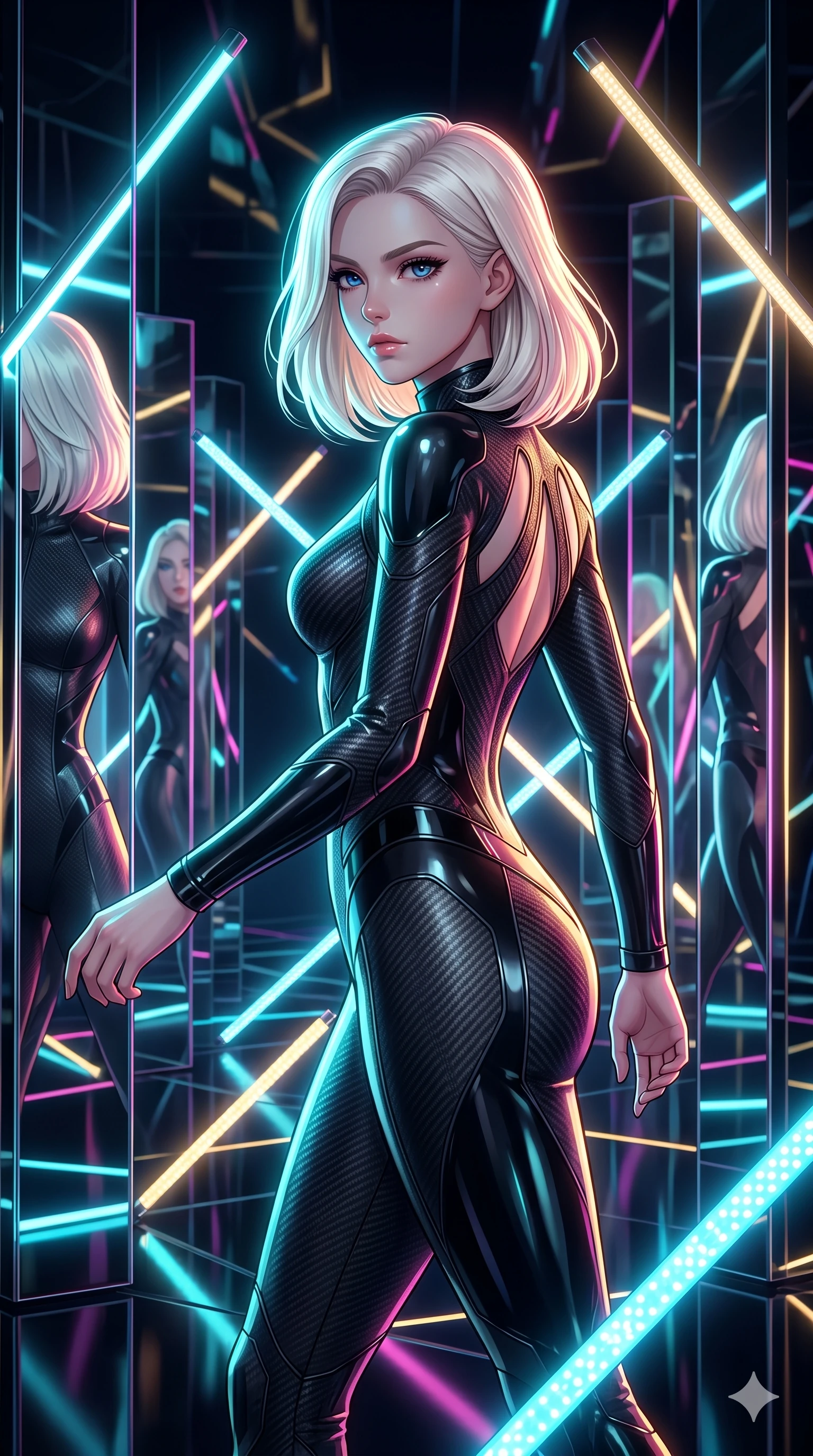 score_9, masterpiece, best quality, ultra-detailed, high-budget anime keyframe, Caucasian woman, strictly human ears. upper body close-up from the thighs up, character filling the screen for maximum presence. navigating a kinetic light-sculpture mirror maze, passing between floating chromium mirror pillars and rotating LED sticks. She has an absolutely perfect 8-heads proportion, an exceptionally tall and slender female figure with impossibly long slender legs and an ultra-slim waist. V-shaped jawline, high-bridge nose, intricate jewel-like eyes with depth, thick eyelashes, glossy lips with a natural sheen.. wearing a second-skin carbon fiber combat suit, featuring matte carbon fiber and glossy latex panels with elegant slitted cutouts on the upper back. bathed in brilliant cinematic volumetric lighting and intense neon rim light highlighting her slender form. 2k, ultra detail, master piece, 9:16 ratio