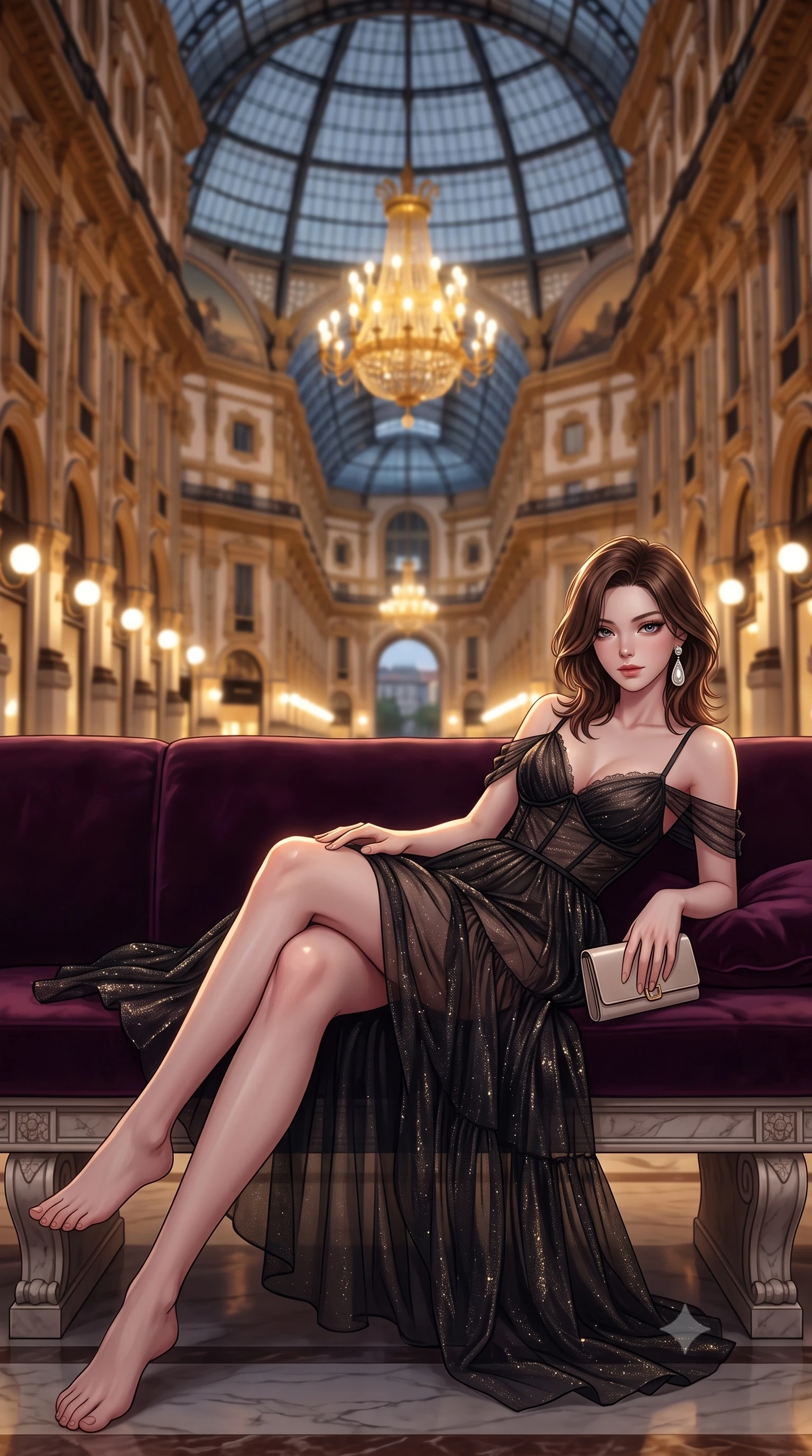 score_9, masterpiece, best quality, ultra-detailed, high-budget anime keyframe, editorial fashion photography, tasteful artistic composition, Korean woman. low angle full-body shot from head to toe showing her feet, filling the entire 9:16 vertical frame with her statuesque presence, stretching her vertical silhouette. reclining languidly across the velvet banquette with one knee bent and hips angled toward the camera, displaying her toned midriff and long slender limbs with effortless sensual charisma while lounging gracefully on an ornate marble arcade bench with legs crossed, holding a designer clutch with effortless aristocratic superiority. The composition keeps background elements in soft focus with dreamy creamy bokeh. the colossal glass-and-iron vault ceiling and neoclassical palace facades glowing under midnight lamps blurred into warm gold, amber, and champagne bokeh. She has an exceptionally tall and slender model-like 8.5-heads proportion, an ultra-slim waist, a flat toned midriff, narrow delicate ribcage, and beautifully sculpted feminine hips creating a graceful, slim hourglass silhouette without any bulky heaviness, with impossibly long slender legs. sharp v-shaped jawline, high-bridge nose, intricate jewel-like dark sparkling eyes with dangerous depth, thick curled eyelashes, glossy parted lips with a rich wine sheen, smoldering seductive half-smile with bedroom-eyes, exuding effortless superiority and intoxicating dark allure, flawlessly proportioned anatomical accuracy, strict slender model proportions, natural body alignment, perfectly sculpted long slender limbs, ultra-slim waistline, clean dynamic posture without body distortion. wearing a tiered semi-sheer black tulle and silk slip dress with an ultra-slim corseted waist and bare shoulders in midnight sapphire navy and chrome silver, woven from metallic lurex thread casting subtle starlight glints across the fabric, accented with a single dangling baroque pearl earring reflecting the amber glow, the form-contouring cut accentuating her sculpted flat midriff, narrow delicate ribcage, and gracefully curvy hips with sovereign high-fashion precision. bathed in majestic golden arcade chandelier light and soft ambient streetlamp wash. ultra-reflective glossy finish, specular highlights, rich textural contrasts, high-contrast stereoscopic depth, volumetric dynamic lighting, 2k, ultra detail, master piece, 9:16 ratio