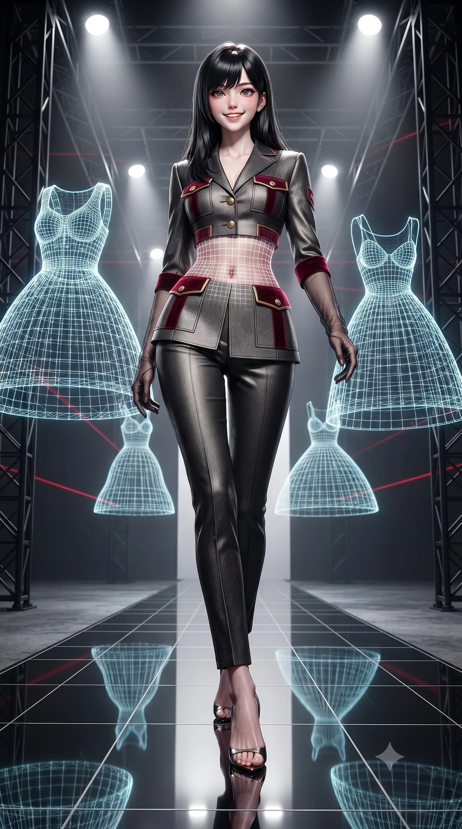 score_9, masterpiece, best quality, ultra-detailed, high-budget anime keyframe, editorial fashion photography, tasteful artistic composition, Caucasian woman. low angle full-body shot from head to toe showing her feet, filling the entire 9:16 vertical frame with her statuesque presence, stretching her vertical silhouette. stepping slowly toward the camera with hypnotic grace, hips swaying in an alluring sensual rhythm that accentuates her curvy hourglass silhouette and long slender legs while twisting her slender torso in an alluring S-curve as holographic wireframe dresses float around her, laser grids tracing her flat midriff and hips. The surrounding environment is rendered in vivid detail and crisp panoramic clarity: sharp black matte steel trusses, mirror-polished industrial epoxy floor reflections, and crisp laser projection lines in deep focus. She has an exceptionally tall and slender model-like 8.5-heads proportion, an ultra-slim waist, a flat toned midriff, narrow delicate ribcage, and beautifully sculpted feminine hips creating a graceful, slim hourglass silhouette without any bulky heaviness, with impossibly long slender legs. sharp v-shaped jawline, high-bridge nose, intricate jewel-like sparkling eyes with depth, thick eyelashes, glossy parted lips with a natural peach sheen, bright cheerful beaming smile with an enchanting and coquettish sensual glint, exuding both youthful cute charm and seductive allure, flawlessly proportioned anatomical accuracy, strict slender model proportions, natural body alignment, perfectly sculpted long slender limbs, ultra-slim waistline, clean dynamic posture without body distortion. wearing a tailored high-tech safari suit with storm flaps and streamlined utility pockets in matte carbon finish in Cyber-Baroque gilded gold and royal crimson velvet, tailored from high-density tech-wool with subtle metallic thread weave, complemented by sheer opera-length evening gloves tracing her slender arms, the bespoke structured tailoring following the natural line of her 8.5-heads silhouette with refined elegance. bathed in high-contrast crisp white 5000K runway spotlights contrasted with subtle red ambient laser ribbons. ultra-reflective glossy finish, specular highlights, rich textural contrasts, high-contrast stereoscopic depth, volumetric dynamic lighting, 2k, ultra detail, master piece, 9:16 ratio
