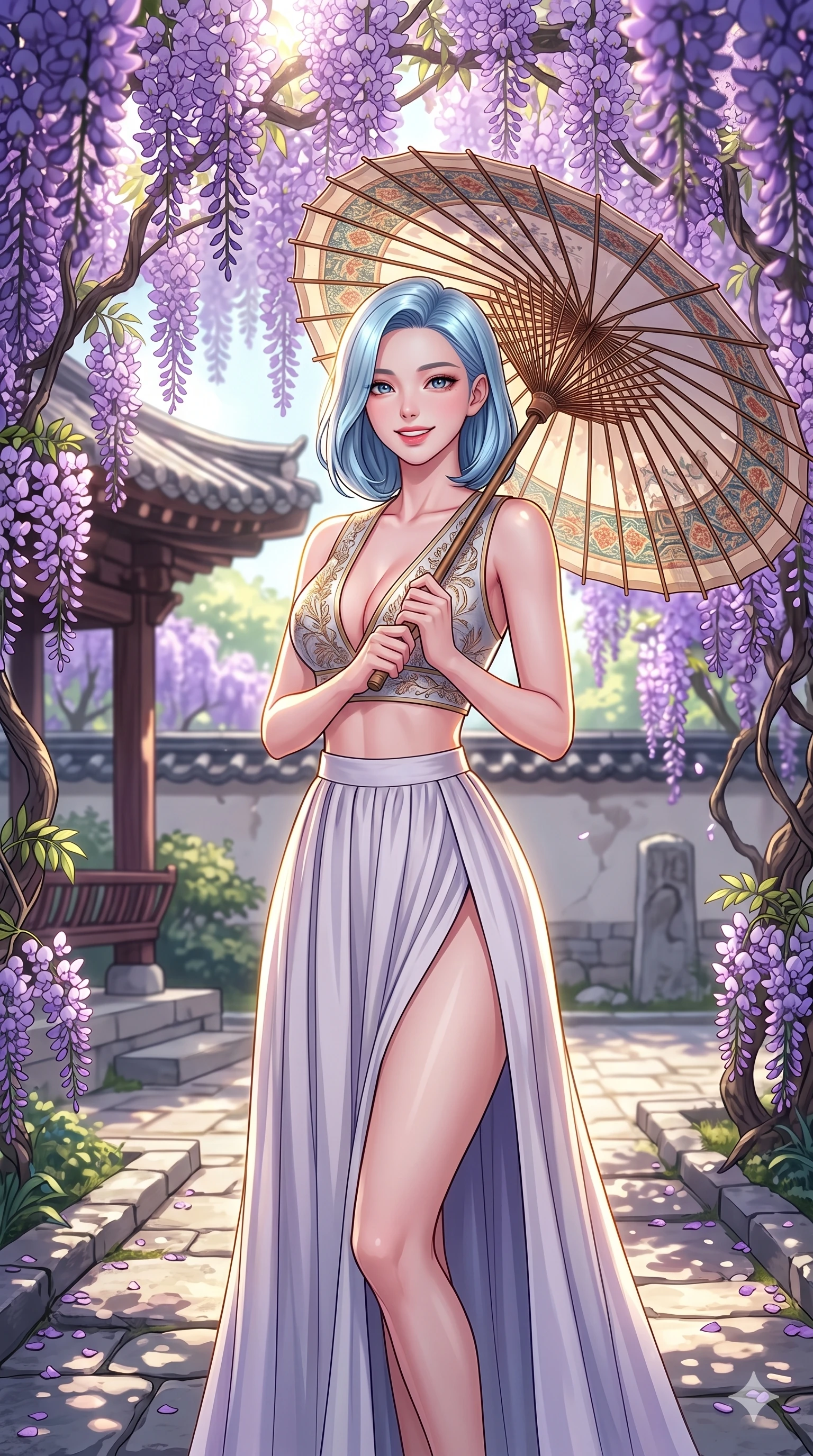 score_9, masterpiece, best quality, ultra-detailed, high-budget anime keyframe, vibrant anime aesthetic, Korean woman. cowboy shot from the thighs up, character and outfit filling the frame for maximum presence. She is holding a parasol with a bright, charming smile, looking directly at the lens standing under wisteria in a garden courtyard (Code-P20-093). She has an absolutely perfect 8-heads proportion, an exceptionally tall and slender female figure with impossibly long slender legs and an ultra-slim waist. V-shaped jawline, high-bridge nose, intricate jewel-like eyes with depth, thick eyelashes, glossy lips with a natural sheen. wearing a plunging neckline top with exposed waist and high-slit skirt. She is bathed in brilliant, high-contrast sunlight with a single golden line tracing her profile. 2k, ultra detail, master piece, 9:16 ratio