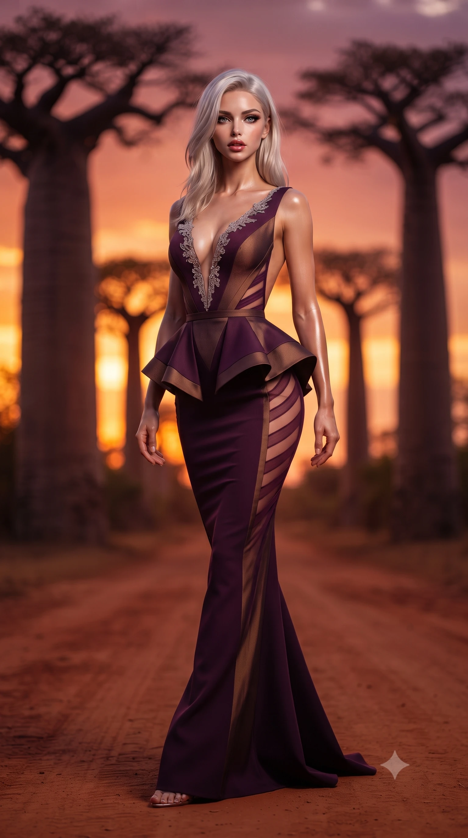score_9, masterpiece, best quality, ultra-detailed, high-budget anime keyframe, editorial fashion photography, tasteful artistic composition, Caucasian woman. low angle full-body shot from head to toe showing her feet, filling the entire 9:16 vertical frame with her statuesque presence, stretching her vertical silhouette. sitting perched on the elevated edge with hips angled toward the camera and legs crossed, displaying her toned midriff and flawlessly sculpted slender limbs while walking gracefully down the red-earth dirt road between colossal ancient baobab trees, arching her back as the burning African sunset silhouettes their crowns. The composition keeps background elements in soft focus with creamy bokeh. colossal prehistoric baobab tree trunks and burning crimson-orange sky blurred into molten amber, terracotta, and deep violet bokeh. She has an exceptionally tall and slender model-like 8.5-heads proportion, an ultra-slim waist, a flat toned midriff, narrow delicate ribcage, and beautifully sculpted feminine hips creating a graceful, slim hourglass silhouette without any bulky heaviness, with impossibly long slender legs. sharp v-shaped jawline, high-bridge nose, intricate jewel-like eyes with depth, thick eyelashes, glossy parted lips with a natural sheen, intensely captivating and seductive bedroom-eyes expression, flawlessly proportioned anatomical accuracy, strict slender model proportions, natural body alignment, perfectly sculpted long slender limbs, ultra-slim waistline, clean dynamic posture without body distortion. wearing a structural geometric peplum gown with sheer side-ribbon cutouts and form-fitting skirt in deep plum violet and antique bronze, tailored from water-resistant treated wool gabardine and flexible stretch silk, finished with delicate crystal frost embroidery tracing the plunging neckline, the dramatically scooped open back descending to the base of her spine, accentuating her razor-sharp statuesque lines and slim hourglass silhouette. bathed in breathtaking African sunset backlighting in rich shades of fire-orange and deep magenta. ultra-reflective glossy finish, specular highlights, rich textural contrasts, high-contrast stereoscopic depth, volumetric dynamic lighting, 2k, ultra detail, master piece, 9:16 ratio