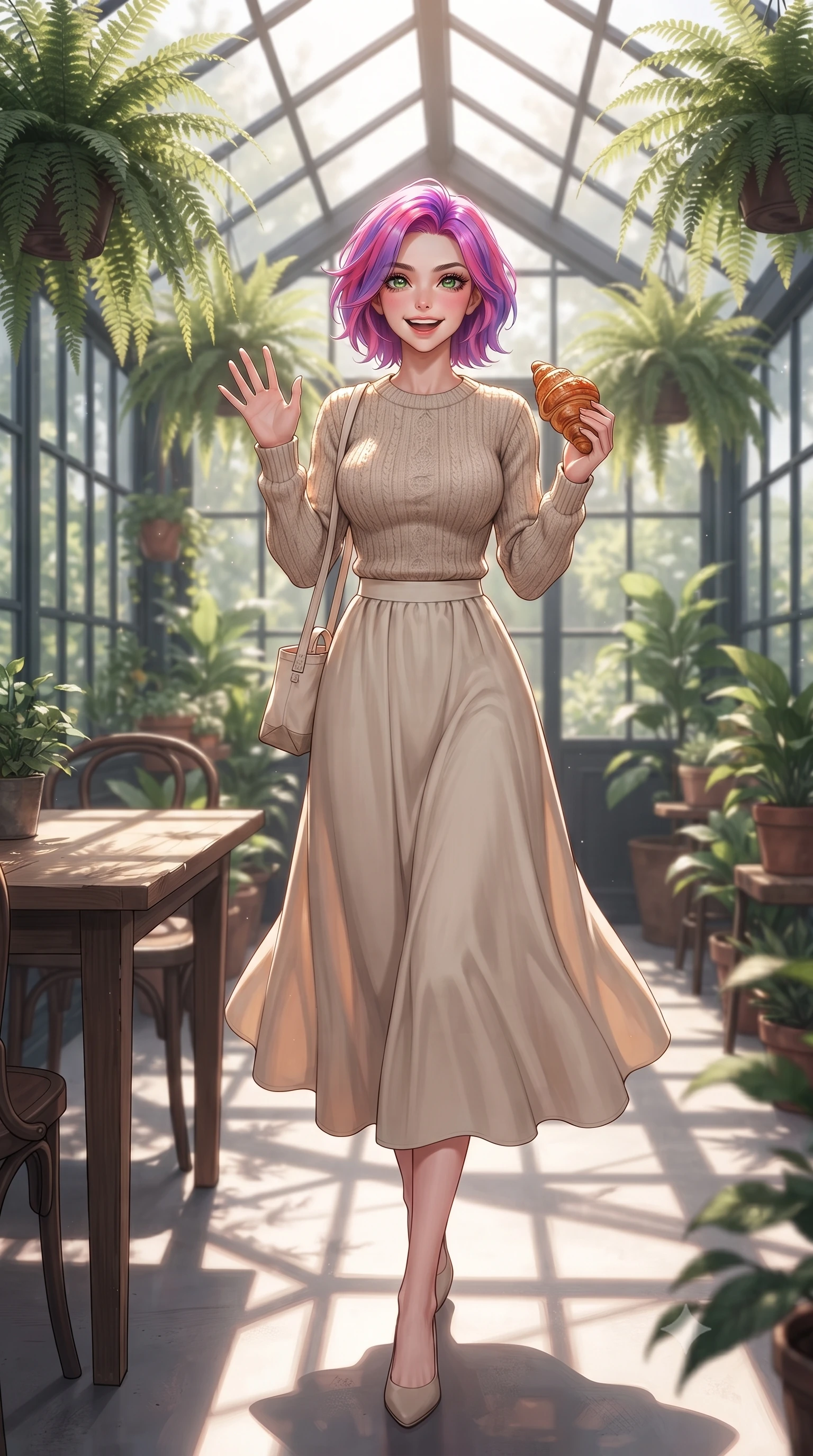 score_9, masterpiece, best quality, ultra-detailed, high-budget anime keyframe, editorial fashion photography, tasteful artistic composition, Caucasian woman. low angle full-body shot from head to toe showing her feet, filling the entire 9:16 vertical frame with her statuesque presence, stretching her vertical silhouette. stepping forward with a bright, cheerful smile, waving happily at the viewer set against a soft-focus background of in a quiet glass-roofed sunroom cafe filled with hanging ferns and flower pots holding a freshly baked croissant with a happy, delighted look. She has an absolutely perfect, statuesque 8.5-heads proportion, an exceptionally tall and slender model-like female figure with impossibly long slender legs and an ultra-slim waist. sharp v-shaped jawline, high-bridge nose, intricate jewel-like eyes with depth, thick eyelashes, glossy lips with a natural sheen. wearing body-hugging cozy oatmeal knit sweater paired with a long cotton skirt and a small canvas tote bag. soft afternoon sunlight casting shadows of window panes on the wooden table. ultra-reflective glossy finish, specular highlights, metallic sheen, high-contrast stereoscopic depth, volumetric dynamic lighting, 2k, ultra detail, master piece, 9:16 ratio