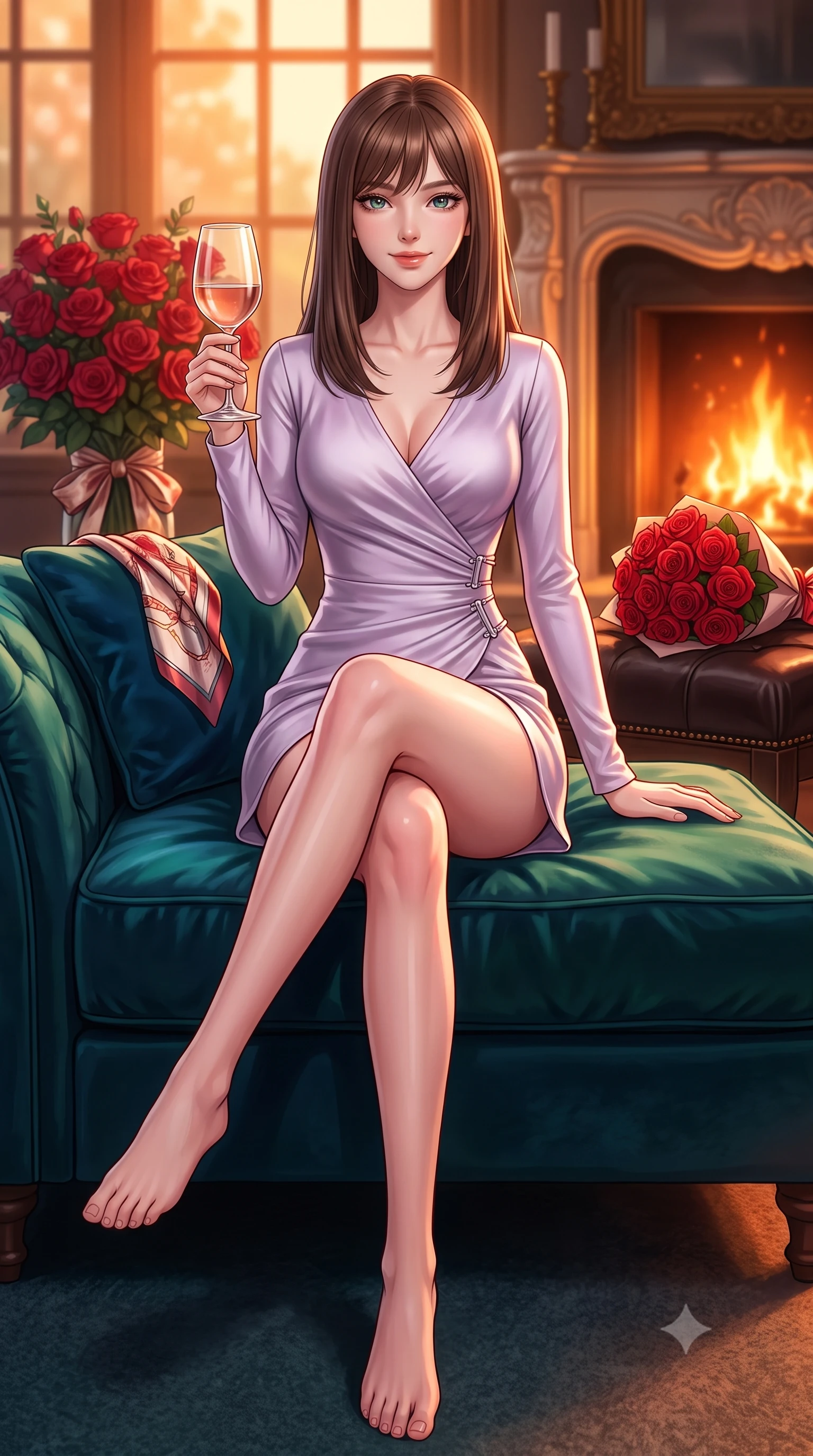 score_9, masterpiece, best quality, ultra-detailed, high-budget anime keyframe, editorial fashion photography, tasteful artistic composition, Korean woman. low angle full-body shot from head to toe showing her feet, filling the entire 9:16 vertical frame with her statuesque presence, stretching her vertical silhouette. sitting on a plush velvet sofa with her long slender legs crossed elegantly, gesturing cutely with a wine glass set against a soft-focus background of inside an exclusive sunroom alcove with a bouquet of crimson roses and a silk scarf resting on the leather seat. She has an absolutely perfect, statuesque 8.5-heads proportion, an exceptionally tall and slender model-like female figure with impossibly long slender legs and an ultra-slim waist. sharp v-shaped jawline, high-bridge nose, intricate jewel-like eyes with depth, thick eyelashes, glossy lips with a natural sheen. wearing slim-fit pale lavender liquid satin sleek long-sleeve silk wrap dress contouring her ultra-slim waist elegantly accented with delicate silver hardware. bathed in cozy, flickering fireplace light that paints the room in a warm orange wash. highly saturated vibrant anime colors, detailed shading with soft gradients, rich glossy textures, high-contrast stereoscopic depth, volumetric dynamic lighting, master piece, 9:16 ratio