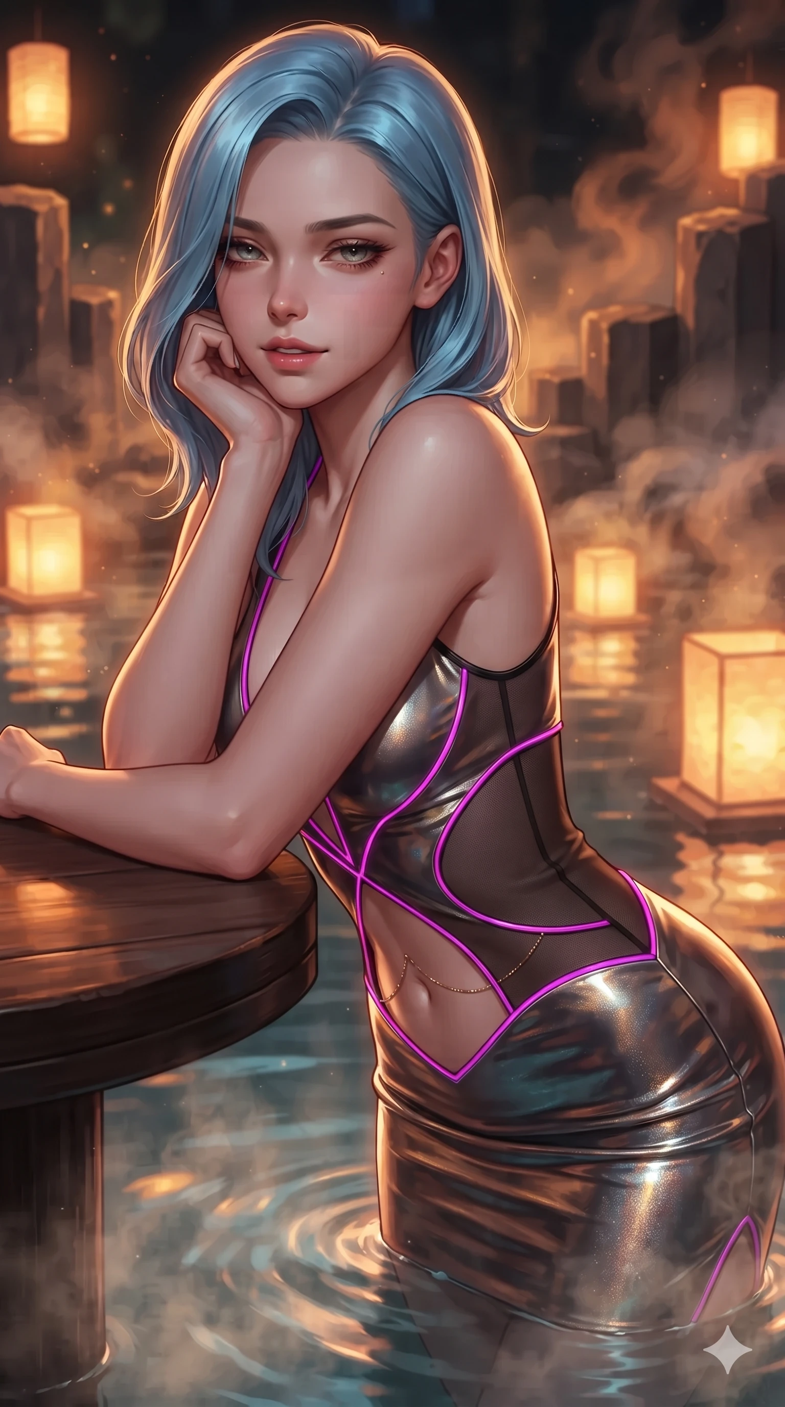 score_9, masterpiece, best quality, ultra-detailed, high-budget anime keyframe, editorial fashion photography, tasteful artistic composition, Korean woman. close-up cowboy shot from the waist and thighs up, the character dominates the composition, filling the frame with her large presence. resting one elbow on the table and supporting her chin, leaning close to the camera with heavy-lidded sparkling eyes and parted lips while standing poised beside the steaming thermal plunge pool, arching her spine with ethereal siren poise as warm amber lantern light washes over her. The background shows a soft-focus fluted hexagonal volcanic basalt pillars, glowing paper lanterns floating on water, and dense warm steam blurred into warm amber, honey, and charcoal bokeh. She has an exceptionally elegant, slender, and willowy female figure with an ultra-slim waist, flat toned midriff, narrow ribcage, and sculpted feminine hips creating an alluring, slim hourglass silhouette without bulk. sharp v-shaped jawline, high-bridge nose, intricate jewel-like sparkling eyes with depth, thick eyelashes, glossy parted lips with a natural sheen, intensely captivating and seductive bedroom-eyes expression, exuding both youthful cute charm and sovereign luxury allure, flawlessly proportioned anatomical accuracy, strict slender model proportions, natural body alignment, perfectly sculpted long slender limbs, ultra-slim waistline, clean dynamic posture without body distortion. wearing an alluring plunging sweetheart bodice dress with sheer mesh side-waist cutouts contouring her ribs in black lacquer and vibrant magenta neon, crafted from luxurious metallic lamé that shifts radiance with every step, accented with a dainty gold belly chain resting across her flat midriff and curving hips, the glove-like clinging cut tightly following the natural contour of her hips and long slender legs with youthful 8.5-heads elegance. illuminated by water reflection bounce and sharp amber-gold rim lights sculpting her razor-sharp jawline, narrow waist, and curvy hips. ultra-reflective glossy finish, specular highlights, rich textural contrasts, high-contrast stereoscopic depth, volumetric dynamic lighting, 2k, ultra detail, master piece, 9:16 ratio