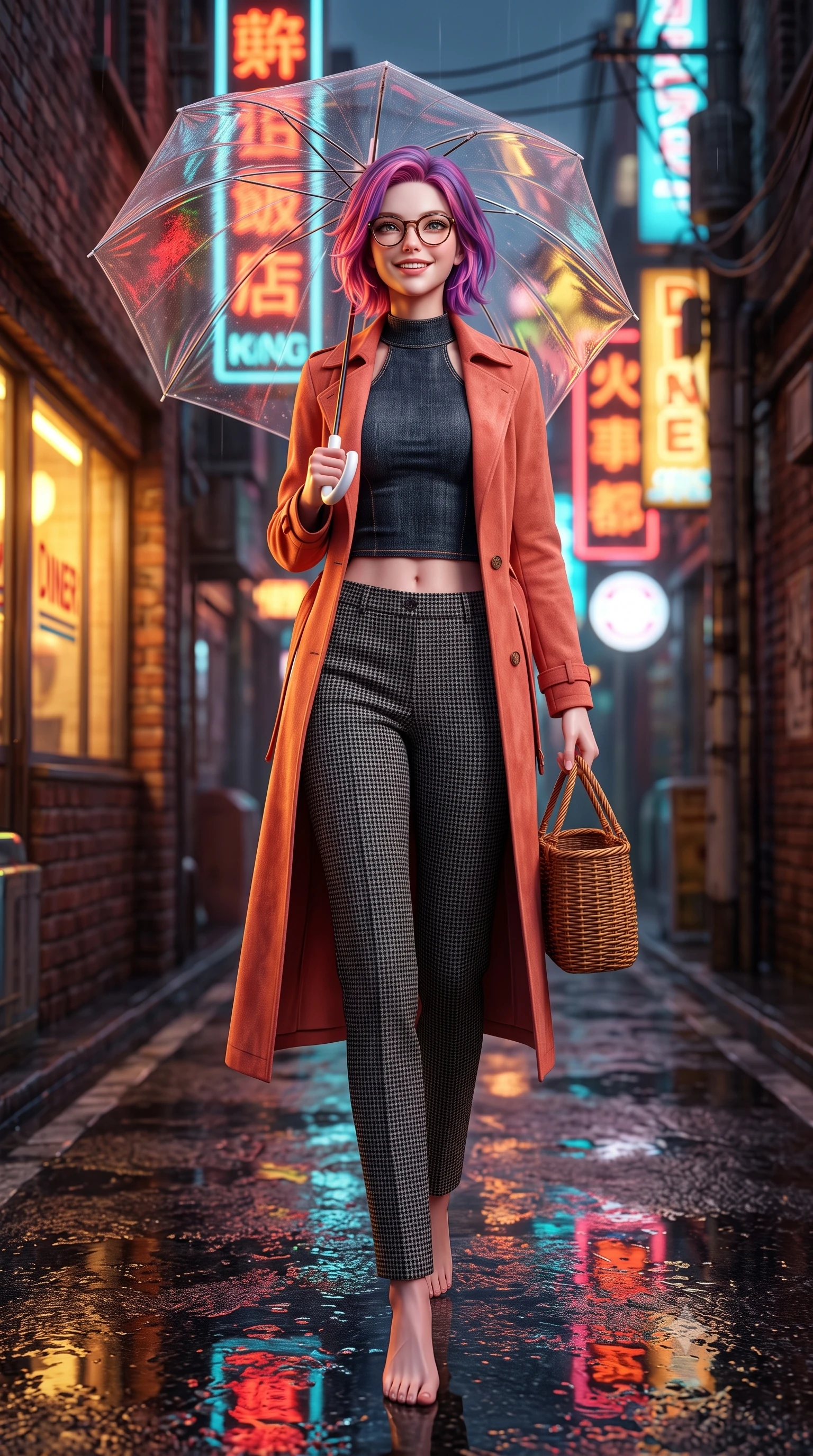 score_9, masterpiece, best quality, ultra-detailed, high-budget anime keyframe, semi-realistic 3D game render, editorial fashion photography, tasteful artistic composition, Caucasian woman. low angle full-body shot from head to toe showing her feet, filling the entire 9:16 vertical frame with her statuesque presence, stretching her vertical silhouette. striding forward in a proud, dynamic supermodel runway stride, her statuesque vertical silhouette commanding the entire frame while strolling along a rain-drenched 1990s Tokyo neon back-alley, holding a transparent umbrella that catches vivid reflections. The composition keeps background elements in soft focus with creamy bokeh. glowing neon signs in kanji/english and wet asphalt light reflections blurred into rich crimson, amber, and cyan bokeh. She has an absolutely perfect, statuesque 8.5-heads proportion, an exceptionally tall and slender model-like female figure with impossibly long slender legs, a toned flat midriff, and an ultra-slim waist. sharp v-shaped jawline, high-bridge nose, intricate jewel-like eyes with depth, thick eyelashes, glossy lips with a natural sheen, captivating and magnetic expression, flawlessly proportioned anatomical accuracy, strict slender model proportions, natural body alignment, perfectly sculpted long slender limbs, ultra-slim waistline, clean dynamic posture without body distortion. wearing a stylish retro suede trench coat over a fitted mock-neck knit top and high-waist tailored slacks in retro neon coral and washed black denim, tailored from fine British wool tweed and comfortable stretch cotton, accessorized with a rustic woven wicker basket bag and round tortoiseshell glasses, the precision-cut daring openings accentuating her delicate midriff, graceful bare collarbones, and ultra-slim feminine waistline. illuminated by warm golden diner window key light sculpting her cheekbones and joyful expression. highly saturated vibrant anime colors, detailed shading with soft gradients, rich glossy textures, high-contrast stereoscopic depth, volumetric dynamic lighting, master piece, 9:16 ratio