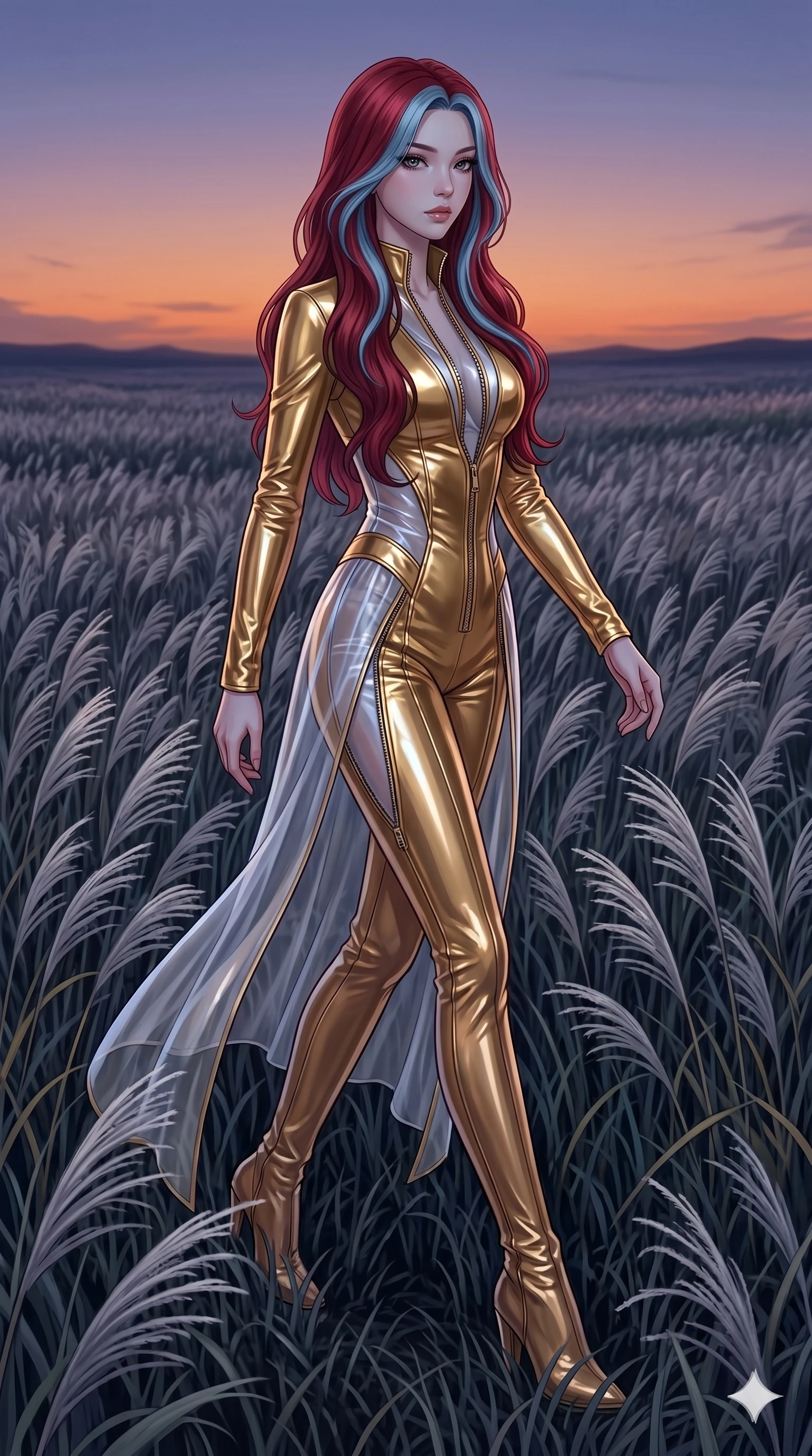 score_9, masterpiece, best quality, ultra-detailed, High-budget Anime Keyframe, East Asian woman. Dynamic full-body shot stretching the vertical silhouette to the limit. Scenario 278: Walking through a field of tall silver grass at twilight. Her presence is magnetic and overpowering in this high-budget anime scene. Outfit 278: A patent leather gold with a unzipped detail and translucent layers. The clothing is designed to emphasize her exceptionally tall and slender 8-heads proportion. 8-heads proportion, towering silhouette, ultra-slim waist. sharp v-shaped jawline, intricate jewel-like eyes with depth, thick eyelashes, glossy lips. 2k, ultra detail, master piece, 9:16 ratio