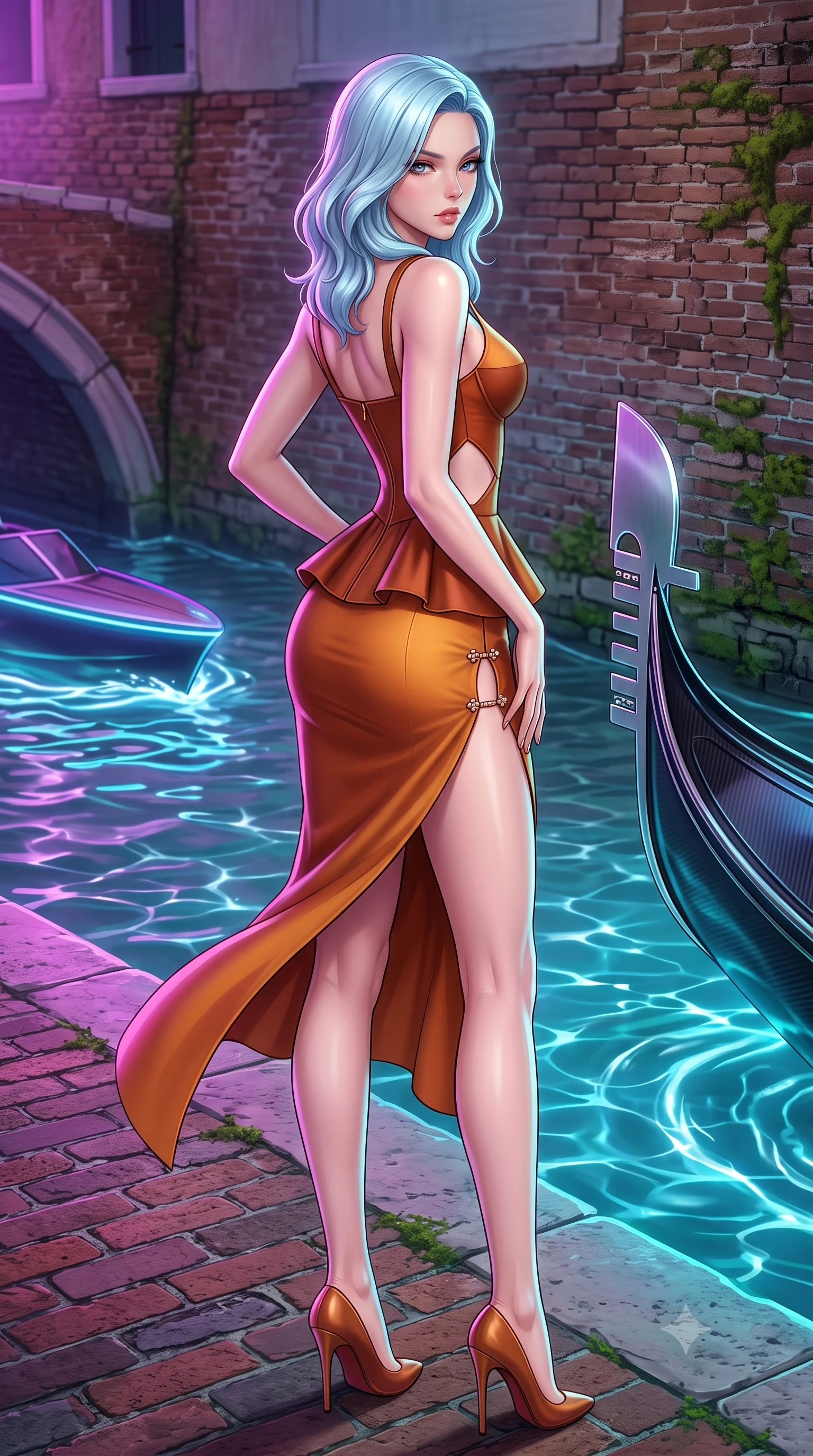 score_9, masterpiece, best quality, ultra-detailed, high-budget anime keyframe, semi-realistic 3D game render, editorial fashion photography, tasteful artistic composition, Korean woman. low angle full-body shot from head to toe showing her feet, filling the entire 9:16 vertical frame with her statuesque presence, stretching her vertical silhouette. posing with back turned slightly to the lens, glancing back with smoldering allure as she arches her lower back to emphasize her sculpted feminine hips and slender waist while turning in an alluring contrapposto stance along the historic brick waterfront, her high-slit dress fluttering as passing electric watercraft stir luminous ripples. The surrounding environment is rendered in vivid detail and crisp panoramic clarity. sharp canal waterline caustics, polished carbon-fiber gondola prow, and ancient brick wall moss in deep focus. She has an exceptionally tall and slender model-like 8.5-heads proportion, an ultra-slim waist, a flat toned midriff, narrow delicate ribcage, and beautifully sculpted feminine hips creating a graceful, slim hourglass silhouette without any bulky heaviness, with impossibly long slender legs. sharp v-shaped jawline, high-bridge nose, intricate jewel-like eyes with depth, thick eyelashes, glossy parted lips with a natural sheen, intensely captivating and seductive bedroom-eyes expression, flawlessly proportioned anatomical accuracy, strict slender model proportions, natural body alignment, perfectly sculpted long slender limbs, ultra-slim waistline, clean dynamic posture without body distortion. wearing a modern peplum corset dress with side-waist diamond cutouts and an ultra-tight silhouette in rich copper bronze and warm amber, tailored from water-resistant treated wool gabardine and flexible stretch silk, finished with an ultra-high side slit secured by miniature jeweled clasps, the second-skin form-contouring cut accentuating her sculpted flat midriff, narrow delicate ribcage, and gracefully curvy hips with supermodel precision. bathed in rich neon violet and turquoise canal edge lights contrasting with soft ambient dome twilight. highly saturated vibrant anime colors, detailed shading with soft gradients, rich glossy textures, high-contrast stereoscopic depth, volumetric dynamic lighting, master piece, 9:16 ratio