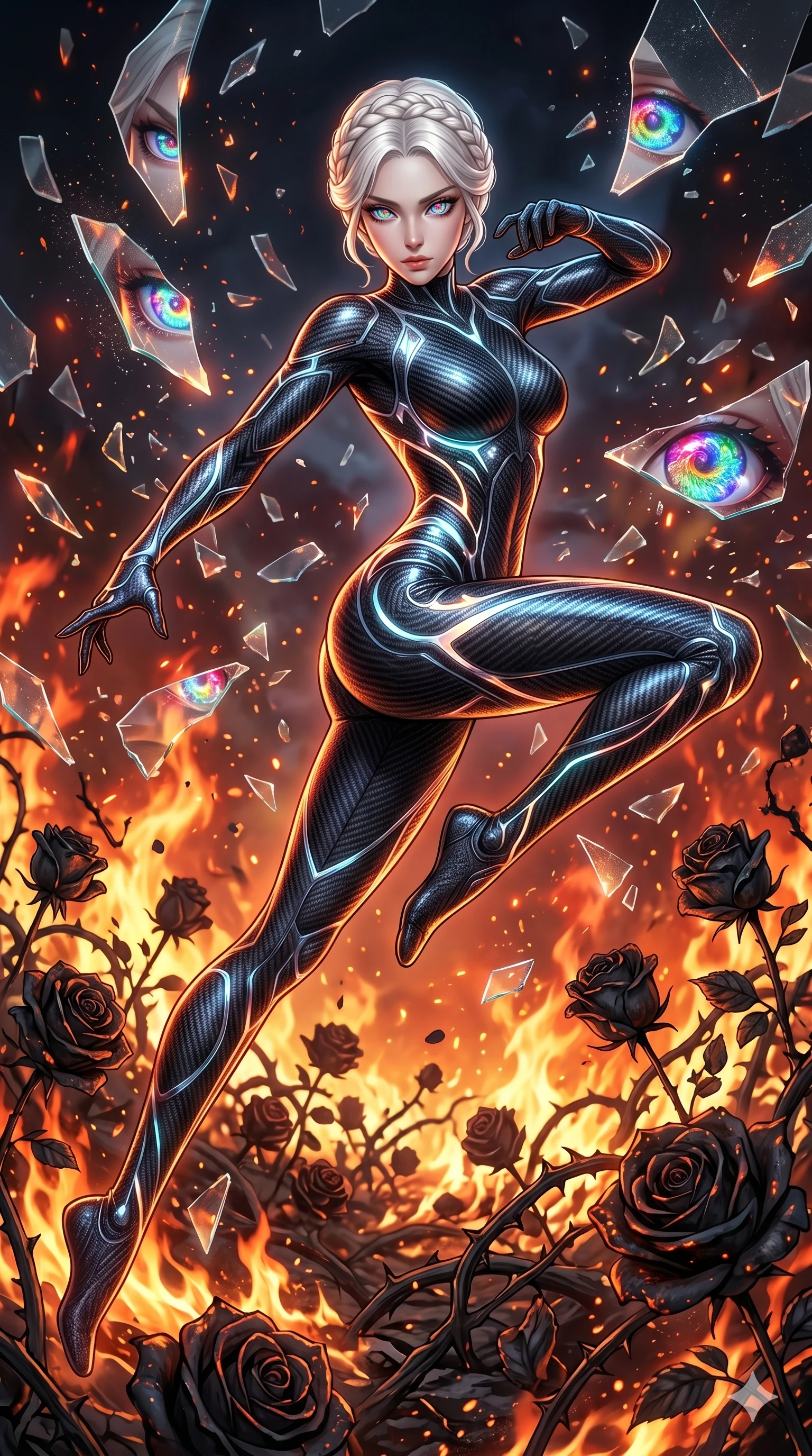 score_9, masterpiece, best quality, ultra-detailed, Set A: High-budget Anime Keyframe, Korean woman. Low angle cowboy shot filling the entire 9:16 frame with her statuesque presence. Leaping through a burning rose garden, while her eyes glow with 130 different colors and surrounded by shattered glass fragments. She has an absolutely perfect 8-heads proportion, an exceptionally tall and slender female figure with impossibly long slender legs and an ultra-slim waist. Sharp v-shaped jawline, high-bridge nose, intricate jewel-like eyes with depth, thick eyelashes, glossy lips with a natural sheen. Wearing Sleek carbon-fiber catsuit with glowing bioluminescent patterns along the muscles. Cinematic lighting, vibrant colors, dramatic shadows, 2k, ultra detail, master piece, 9:16 ratio