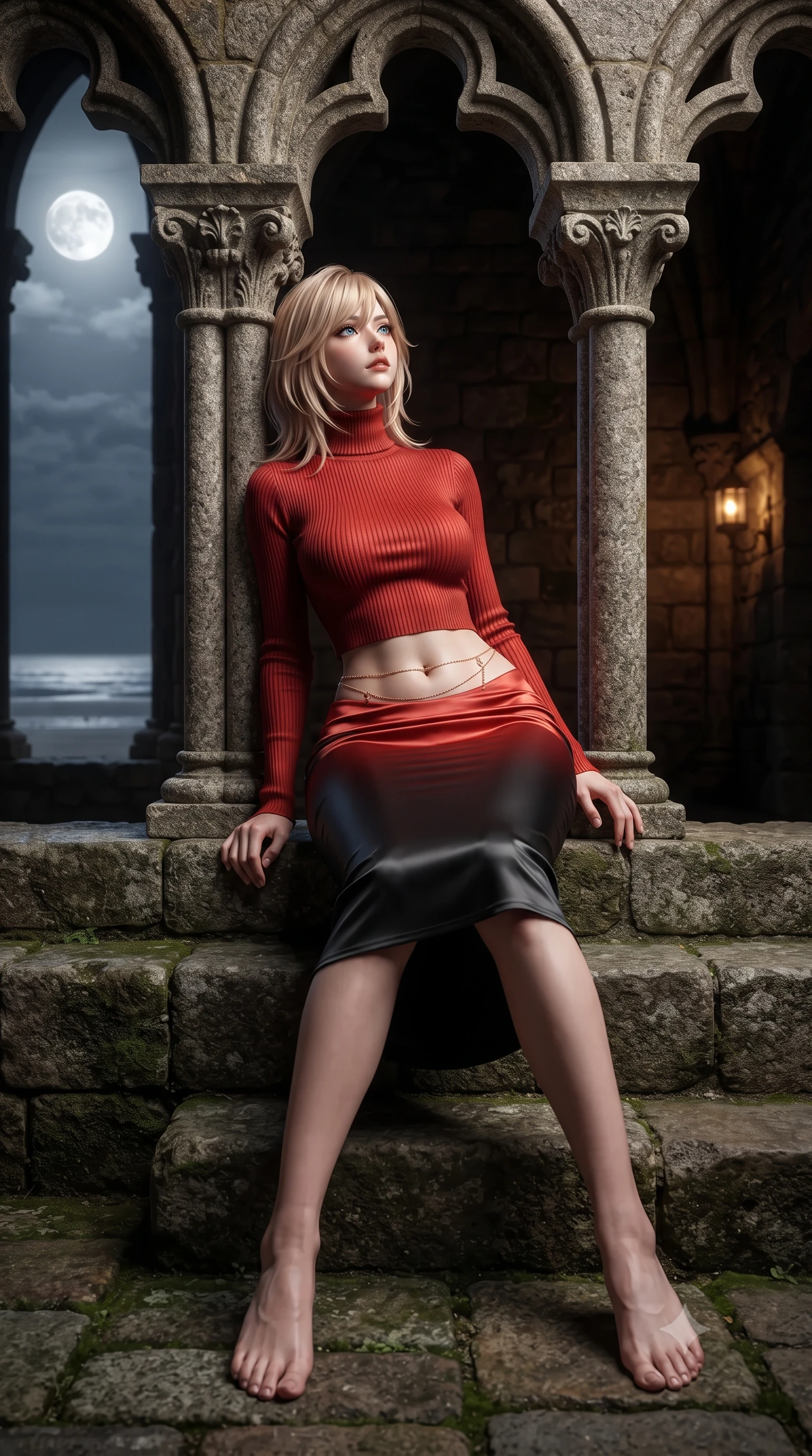 score_9, masterpiece, best quality, ultra-detailed, high-budget anime keyframe, editorial fashion photography, tasteful artistic composition, Japanese woman. low angle full-body shot from head to toe showing her feet, filling the entire 9:16 vertical frame with her statuesque presence, stretching her vertical silhouette. sitting poised on the stone steps with one knee bent, arching her spine with supermodel elegance as she glances upward through thick eyelashes while leaning against the slender double-fluted granite column with hips cocked back, looking through open carved trefoil arches with smoldering bedroom-eyes. The surrounding environment is rendered in vivid detail and crisp panoramic clarity: sharp hand-carved Norman granite column capitals, delicate stone spandrel rosettes, and ancient stone paver joints in deep focus. She has an exceptionally tall and slender model-like 8.5-heads proportion, an ultra-slim waist, a flat toned midriff, narrow delicate ribcage, and beautifully sculpted feminine hips creating a graceful, slim hourglass silhouette without any bulky heaviness, with impossibly long slender legs. sharp v-shaped jawline, high-bridge nose, intricate jewel-like sparkling eyes with depth, thick eyelashes, glossy parted lips with a natural peach sheen, bright cheerful beaming smile with an enchanting and coquettish sensual glint, exuding both youthful cute charm and seductive allure, flawlessly proportioned anatomical accuracy, strict slender model proportions, natural body alignment, perfectly sculpted long slender limbs, ultra-slim waistline, clean dynamic posture without body distortion. wearing an ultra-sleek French Normandy second-skin ribbed knit turtleneck midi dress hugging every millimeter of her hourglass frame in Reinefjorden rorbu vermilion red and obsidian granite, crafted from fluid liquid silk satin that clings smoothly to her narrow waist and rounded hips with a dewy sheen, accented with a dainty gold belly chain resting across her flat midriff and curving hips, the form-contouring silhouette accentuating her sculpted flat midriff, narrow delicate ribcage, and gracefully curvy hips with intoxicating allure. bathed in the mystical silver 5200K illumination of the full moon reflected across tidal sands mixed with soft amber cloister lanterns. ultra-reflective glossy finish, specular highlights, rich textural contrasts, high-contrast stereoscopic depth, volumetric dynamic lighting, 2k, ultra detail, master piece, 9:16 ratio