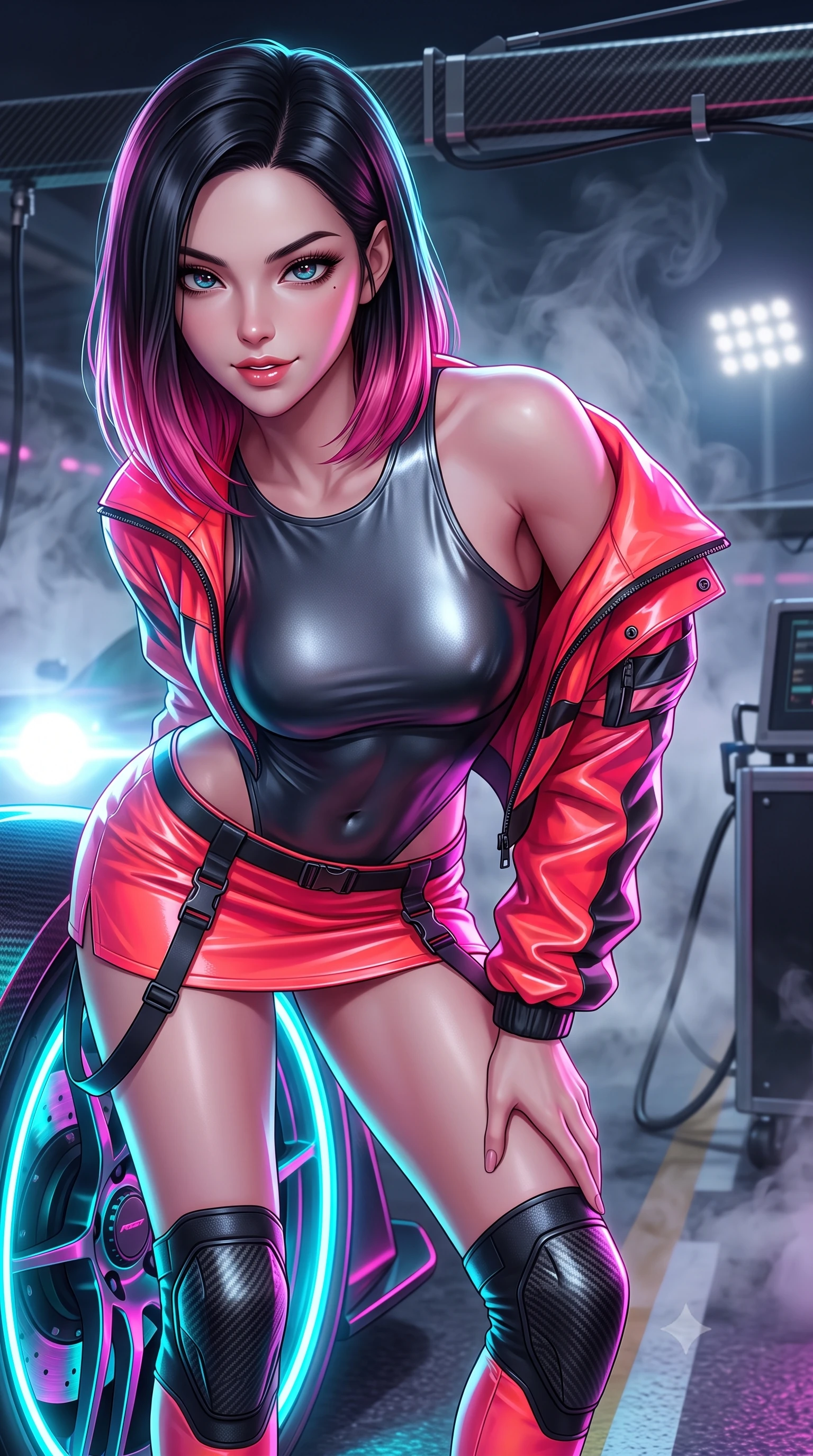 score_9, masterpiece, best quality, ultra-detailed, high-budget anime keyframe, semi-realistic 3D game render, editorial fashion photography, tasteful artistic composition, Korean woman. close-up cowboy shot from the waist and thighs up, the character dominates the composition, filling the frame with her large presence. leaning forward toward the camera with playful, breathtaking intimacy, eyes locked onto the viewer with irresistible charisma while crouching low beside a glowing neon wheel rim, one hand resting on her thigh, casting an intense, electrifying smirk. The composition keeps background elements in soft focus with creamy bokeh. drifting tire smoke sheets and carbon-fiber garage gantries softened in moody shallow focus. She has an exceptionally elegant, slender, and willowy female figure with an ultra-slim waist, a gracefully sculpted slender torso, toned flat midriff, and a refined slim silhouette. sharp v-shaped jawline, high-bridge nose, intricate jewel-like eyes with depth, thick eyelashes, glossy parted lips with a natural sheen, intensely captivating and seductive expression, flawlessly proportioned anatomical accuracy, strict slender model proportions, natural body alignment, perfectly sculpted long slender limbs, ultra-slim waistline, clean dynamic posture without body distortion. wearing a sporty high-cut racerback bodysuit paired with an open technical windbreaker and micro-skirt in metallic gunmetal and blazing neon coral, crafted from flexible reflective spandex and heavy tactical webbing, accented with hanging industrial clip straps and carbon fiber knee sliders, the sleek tactical cut tightly hugging her graceful clavicle, narrow waist, and athletic curves with statuesque precision. bathed in high-intensity xenon hypercar headlights and neon pitlane floodlights. highly saturated vibrant anime colors, detailed shading with soft gradients, rich glossy textures, high-contrast stereoscopic depth, volumetric dynamic lighting, master piece, 9:16 ratio