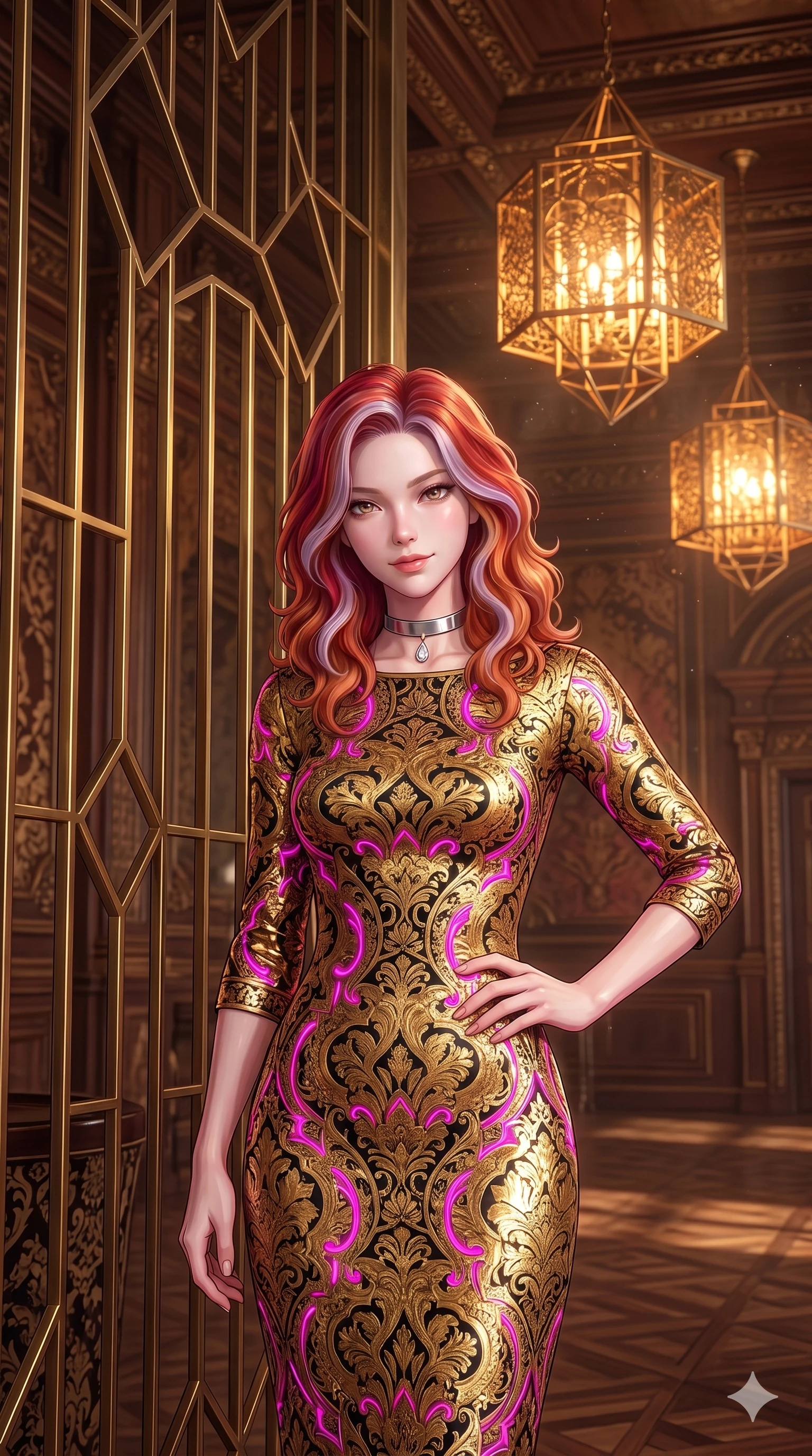 score_9, masterpiece, best quality, ultra-detailed, high-budget anime keyframe, semi-realistic 3D game render, editorial fashion photography, tasteful artistic composition, Caucasian woman. close-up cowboy shot from the waist and thighs up, the character dominates the composition, filling the frame with her large presence. tilting her head with a teasing half-smile, running one hand slowly down the side of her hip in a flirtatious S-curve as ambient light caresses her silhouette while standing in a tall, confident posture beside a towering geometric brass screen, stretching her statuesque body as she arches her lower back to emphasize her sculpted feminine hips and slender waist. The surrounding environment is rendered in vivid detail and crisp panoramic clarity: detailed high-Mandarin wrap dress tailoring, metallic lamé fabric sheen, and historic grand touring salon architecture in razor-sharp precision. She has an exceptionally elegant, slender, and willowy female figure with an ultra-slim waist, flat toned midriff, narrow ribcage, and sculpted feminine hips creating an alluring, slim hourglass silhouette without bulk. sharp v-shaped jawline, high-bridge nose, intricate jewel-like sparkling eyes with depth, thick eyelashes, glossy parted lips with a natural sheen, intensely captivating and seductive bedroom-eyes expression, exuding both youthful cute charm and sovereign luxury allure, flawlessly proportioned anatomical accuracy, strict slender model proportions, natural body alignment, perfectly sculpted long slender limbs, ultra-slim waistline, clean dynamic posture without body distortion. wearing an aristocratic gold-leaf jacquard brocade shift dress with high boat neckline and elegant bracelet sleeves in black lacquer and vibrant magenta neon, woven from high-density tech-wool with subtle metallic thread weave, finished with a minimalist chrome choker and a single teardrop diamond pendant, the impeccably tailored cut draping gracefully along her slender figure with aristocratic poise. bathed in the majestic, warm 2600K amber glow of geometric brass chandeliers filtering through filigree screens creating dramatic shadow lattices. highly saturated vibrant anime colors, detailed shading with soft gradients, rich glossy textures, high-contrast stereoscopic depth, volumetric dynamic lighting, master piece, 9:16 ratio