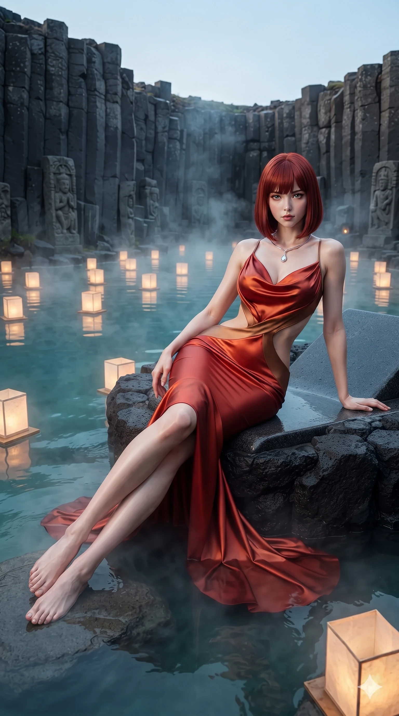 score_9, masterpiece, best quality, ultra-detailed, high-budget anime keyframe, editorial fashion photography, tasteful artistic composition, Caucasian woman. low angle full-body shot from head to toe showing her feet, filling the entire 9:16 vertical frame with her statuesque presence, stretching her vertical silhouette. sitting on the black basalt rock rim of the steaming geothermal lagoon, water droplets beading on her flat midriff and curvy hips while lounging gracefully on the heated basalt spa lounger propped on one elbow with legs extended, her sculpted silhouette and flat midriff radiating magnetic nocturnal glamour. The surrounding environment is rendered in vivid detail and crisp panoramic clarity: sharp columnar basalt geometry, textured stone carving reliefs, and crisp paper lantern crease lines in deep focus. She has an exceptionally tall and slender model-like 8.5-heads proportion, an ultra-slim waist, a flat toned midriff, narrow delicate ribcage, and beautifully sculpted feminine hips creating a graceful, slim hourglass silhouette without any bulky heaviness, with impossibly long slender legs. sharp v-shaped jawline, high-bridge nose, intricate jewel-like sparkling eyes with depth, thick eyelashes, glossy parted lips with a natural sheen, intensely captivating and seductive bedroom-eyes expression, exuding both youthful cute charm and sovereign luxury allure, flawlessly proportioned anatomical accuracy, strict slender model proportions, natural body alignment, perfectly sculpted long slender limbs, ultra-slim waistline, clean dynamic posture without body distortion. wearing a sculptured liquid-satin mermaid gown with an architectural open-waist cutout and bare spine in imperial vermilion silk and warm bronze, made of sheer contouring power-mesh with velvet flocking patterns, finished with a minimalist chrome choker and a single teardrop diamond pendant, the impeccably tailored cut draping gracefully along her slender figure with aristocratic poise. bathed in the rich, intimate 2400K golden radiance of floating washi paper lanterns and underwater pool glow. ultra-reflective glossy finish, specular highlights, rich textural contrasts, high-contrast stereoscopic depth, volumetric dynamic lighting, 2k, ultra detail, master piece, 9:16 ratio