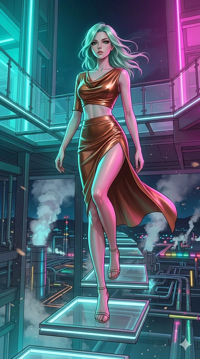 score_9, masterpiece, best quality, ultra-detailed, high-budget anime keyframe, editorial fashion photography, tasteful artistic composition, Japanese woman. low angle full-body shot from head to toe showing her feet, filling the entire 9:16 vertical