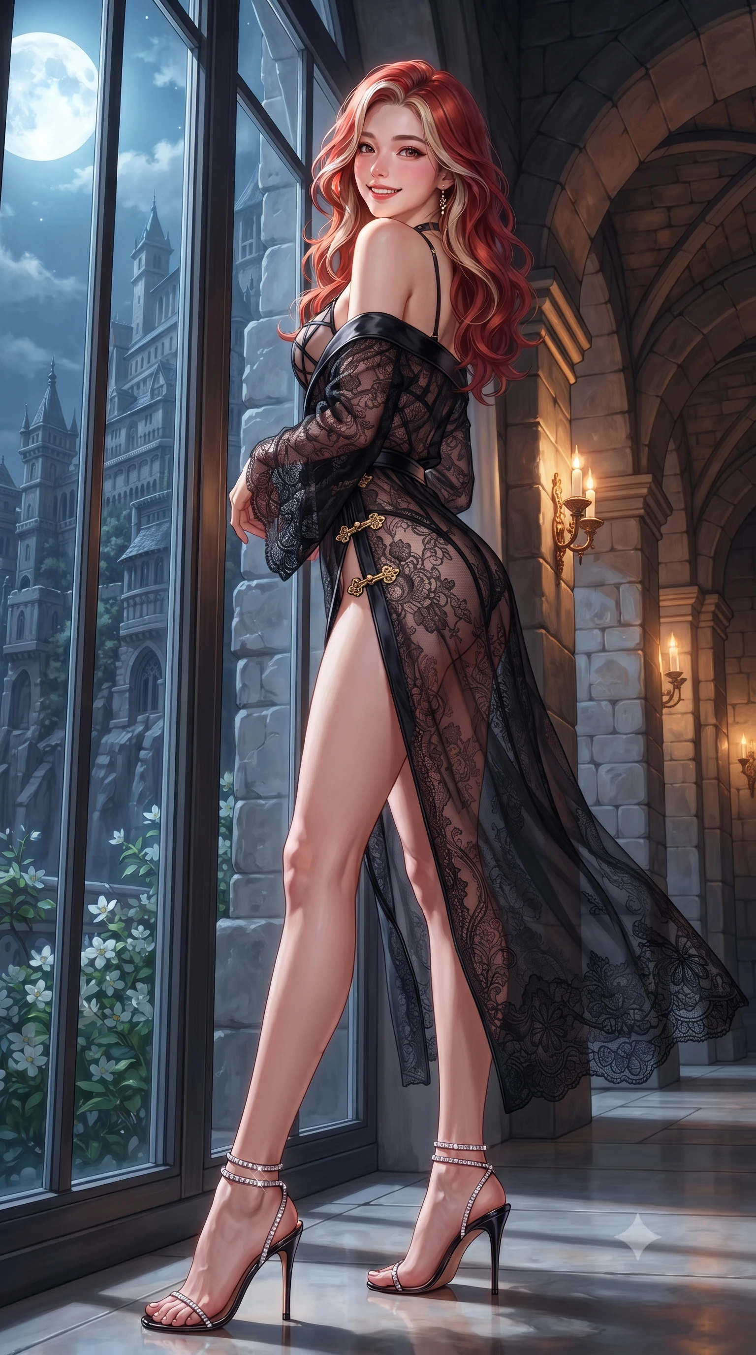 score_9, masterpiece, best quality, ultra-detailed, high-budget anime keyframe, editorial fashion photography, tasteful artistic composition, Caucasian woman. close-up cowboy shot from the waist and thighs up, the character dominates the composition, filling the frame with her large presence. leaning back against the balustrade with relaxed seductive grace, head tilted back slightly while casting a hypnotic, heavy-lidded gaze while walking slowly across the terracotta tile terrace with tall model strides, evening breezes molding her outfit to her hourglass curves. The surrounding environment is rendered in vivid detail and crisp panoramic clarity: sharp glazed ceramic tile geometric motifs, hand-forged wrought-iron scrollwork, and natural terracotta paver grain in deep focus. She has an exceptionally elegant, slender, and willowy female figure with an ultra-slim waist, flat toned midriff, narrow ribcage, and sculpted feminine hips creating an alluring, slim hourglass silhouette without bulk. sharp v-shaped jawline, high-bridge nose, intricate jewel-like sparkling eyes with depth, thick eyelashes, glossy parted lips with a natural peach sheen, bright cheerful beaming smile with an enchanting and coquettish sensual glint, exuding both youthful cute charm and seductive allure, flawlessly proportioned anatomical accuracy, strict slender model proportions, natural body alignment, perfectly sculpted long slender limbs, ultra-slim waistline, clean dynamic posture without body distortion. wearing a provocative off-the-shoulder crop top with asymmetrical side-torso cutouts and a high-slit wrap skirt in Supertree bioluminescent magenta and electric violet, crafted from stretch micro-mesh with liquid foil coating that shimmers with every movement, finished with delicate crystal-encrusted thigh garter straps glinting in the dim light, the impeccably tailored cut draping gracefully along her slender figure with aristocratic poise. illuminated by fountain water reflection bounce and sharp amber-gold rim lights defining her razor-sharp jawline, narrow waist, and curvy hips. ultra-reflective glossy finish, specular highlights, rich textural contrasts, high-contrast stereoscopic depth, volumetric dynamic lighting, 2k, ultra detail, master piece, 9:16 ratio