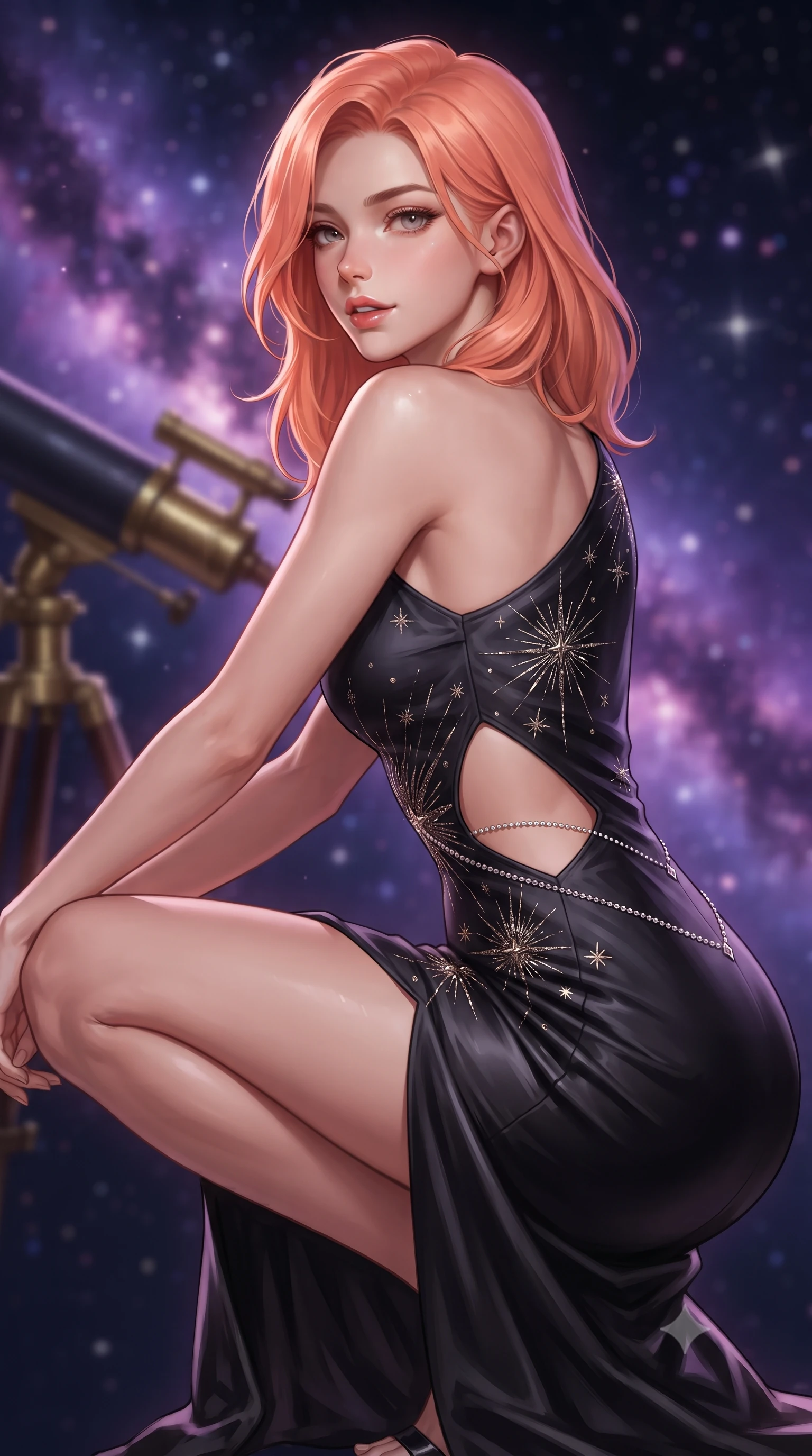 score_9, masterpiece, best quality, ultra-detailed, high-budget anime keyframe, editorial fashion photography, tasteful artistic composition, Japanese woman. close-up cowboy shot from the waist and thighs up, the character dominates the composition, filling the frame with her large presence. turning over a bare shoulder with an intoxicating, teasing smile, her soft hair framing her sharp jawline as her hips angle gracefully while crouching gracefully beside the brass telescope mount, looking back with parted glossy lips as galactic starlight washes over her curves. The composition keeps background elements in soft focus with creamy bokeh. swirling violet and magenta nebula clouds and distant star clusters blurred into celestial indigo, pink, and diamond-white bokeh. She has an exceptionally elegant, slender, and willowy female figure with an ultra-slim waist, a gracefully sculpted slender torso, toned flat midriff, and rounded feminine hips creating an alluring hourglass silhouette. sharp v-shaped jawline, high-bridge nose, intricate jewel-like eyes with depth, thick eyelashes, glossy parted lips with a natural sheen, intensely captivating and seductive bedroom-eyes expression, flawlessly proportioned anatomical accuracy, strict slender model proportions, natural body alignment, perfectly sculpted long slender limbs, ultra-slim waistline, clean dynamic posture without body distortion. wearing an asymmetric one-shoulder metallic gown with celestial starburst embroidery and bare side cutouts in high-contrast black velvet and diamond crystal trim, tailored from fluid silk crepe with delicate inner corsetry boning, accented with a dainty diamond hip chain framing her feminine curves, the liquid-tight tailored fabric clinging flawlessly to her narrow waist and rounded feminine hips, emphasizing every millimeter of her sculpted hourglass curves during movement. surrounded by a celestial, immortal, and deeply hypnotic cosmos sovereign aura. ultra-reflective glossy finish, specular highlights, rich textural contrasts, high-contrast stereoscopic depth, volumetric dynamic lighting, 2k, ultra detail, master piece, 9:16 ratio