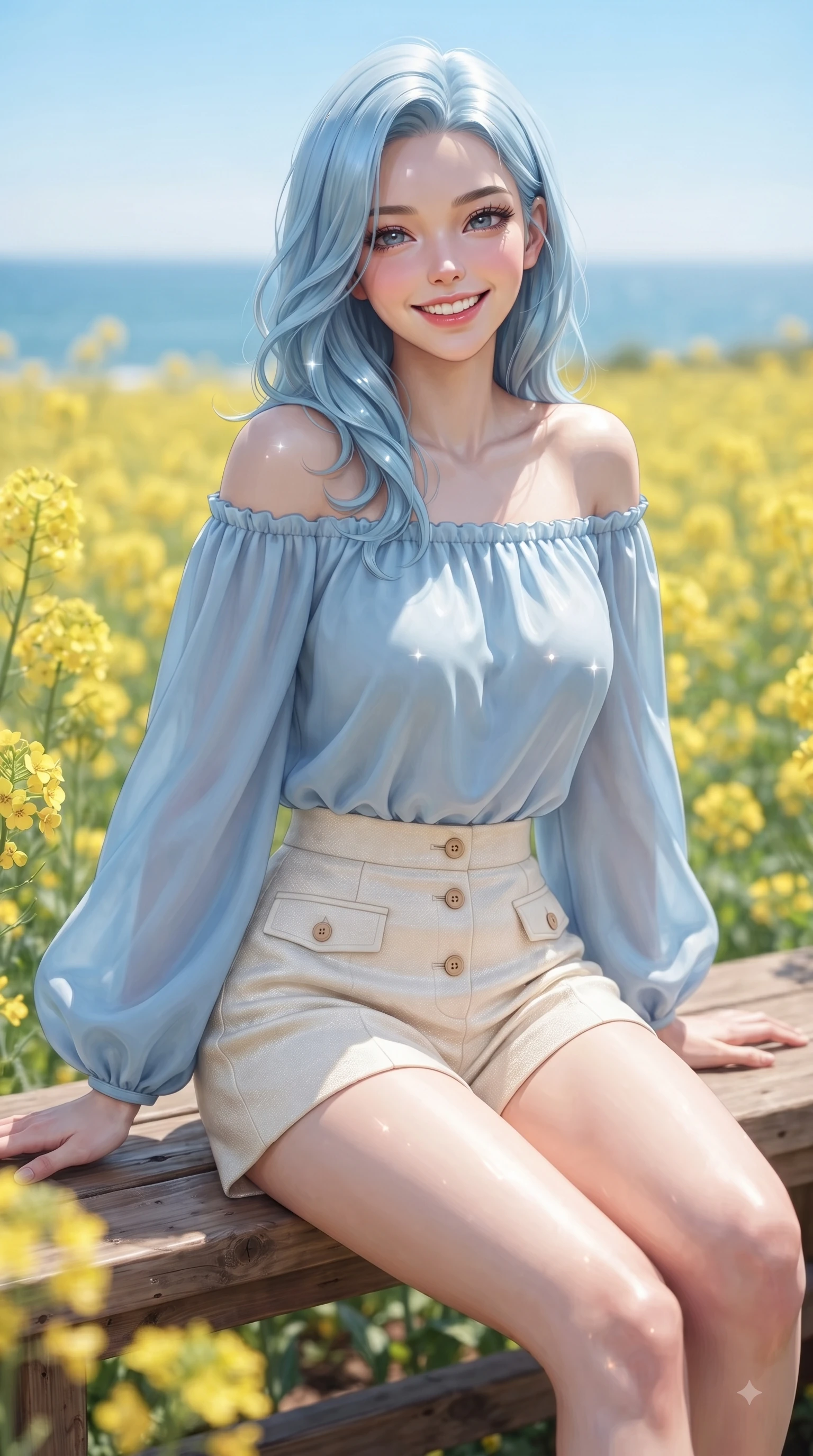 score_9, masterpiece, best quality, ultra-detailed, high-budget anime keyframe, editorial fashion photography, tasteful artistic composition, Korean woman. close-up cowboy shot from the waist and thighs up, the character dominates the composition, filling the frame with her large presence. Radiant youthful grin reflecting girlhood charm while casting a playful, joyful side-gaze with heavy lashes while sitting playfully on a wooden bench surrounded by yellow canola flower fields with a radiant beaming smile. The composition keeps background elements in soft focus with dreamy bokeh. yellow canola fields and clear coastal blue skies softened with a gentle dreamy background blur. She has an exceptionally elegant, slender, and willowy female figure with an ultra-slim waist, a gracefully sculpted slender torso, and a refined silhouette. sharp v-shaped jawline, high-bridge nose, intricate jewel-like eyes with depth, thick eyelashes, glossy lips with a natural sheen, flawlessly proportioned anatomical accuracy, natural body alignment, perfectly sculpted elegant limbs, clean dynamic posture without body distortion. wearing a light blue off-shoulder chiffon blouse paired with tailored ivory shorts in refreshing mint green and crisp white, crafted from smooth fluid silk satin, finished with neat front wooden buttons and pocket details, the tailored casual silhouette highlighting her fresh and youthful presence. bathed in brilliant tropical sunshine and glittering ocean water refractions. ultra-reflective glossy finish, specular highlights, metallic sheen, high-contrast stereoscopic depth, volumetric dynamic lighting, 2k, ultra detail, master piece, 9:16 ratio