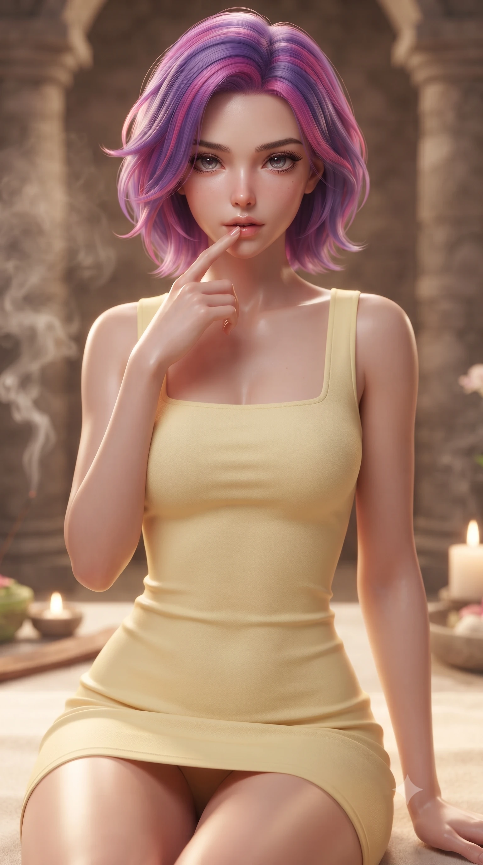 score_9, masterpiece, best quality, ultra-detailed, high-budget anime keyframe, editorial fashion photography, tasteful artistic composition, Caucasian woman. close-up cowboy shot from the waist and thighs up, the character dominates the composition, filling the frame with her large presence, background elements kept in soft focus. pressing one finger to her bottom lip in a thoughtful, seductive gesture under the warm sun the background shows a soft-focus a high-end spa suite room with stone pillars and soft floral incense smoke. She has an exceptionally elegant, slender, and willowy female figure with an ultra-slim waist, a gracefully sculpted slender torso, and a refined silhouette. sharp v-shaped jawline, high-bridge nose, intricate jewel-like eyes with depth, thick eyelashes, glossy lips with a natural sheen. wearing a form-contouring casual summer sundress in pale yellow cotton with a simple square neckline. low-contrast, soft warm ambient uplight casting a peaceful glow. ultra-reflective glossy finish, specular highlights, metallic sheen, high-contrast stereoscopic depth, volumetric dynamic lighting, 2k, ultra detail, master piece, 9:16 ratio