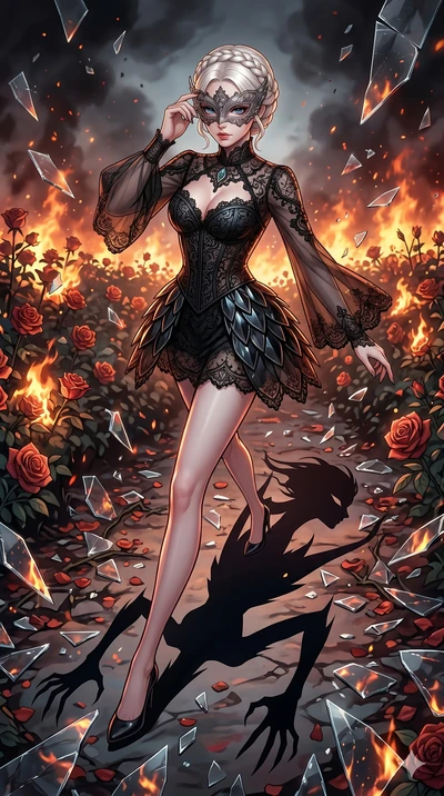 score_9, masterpiece, best quality, ultra-detailed, Set A: High-budget Anime Keyframe, Caucasian (strictly human ears) woman. Low angle cowboy shot filling the entire 9:16 frame with her statuesque presence. Adjusting a mask through a burning rose ga