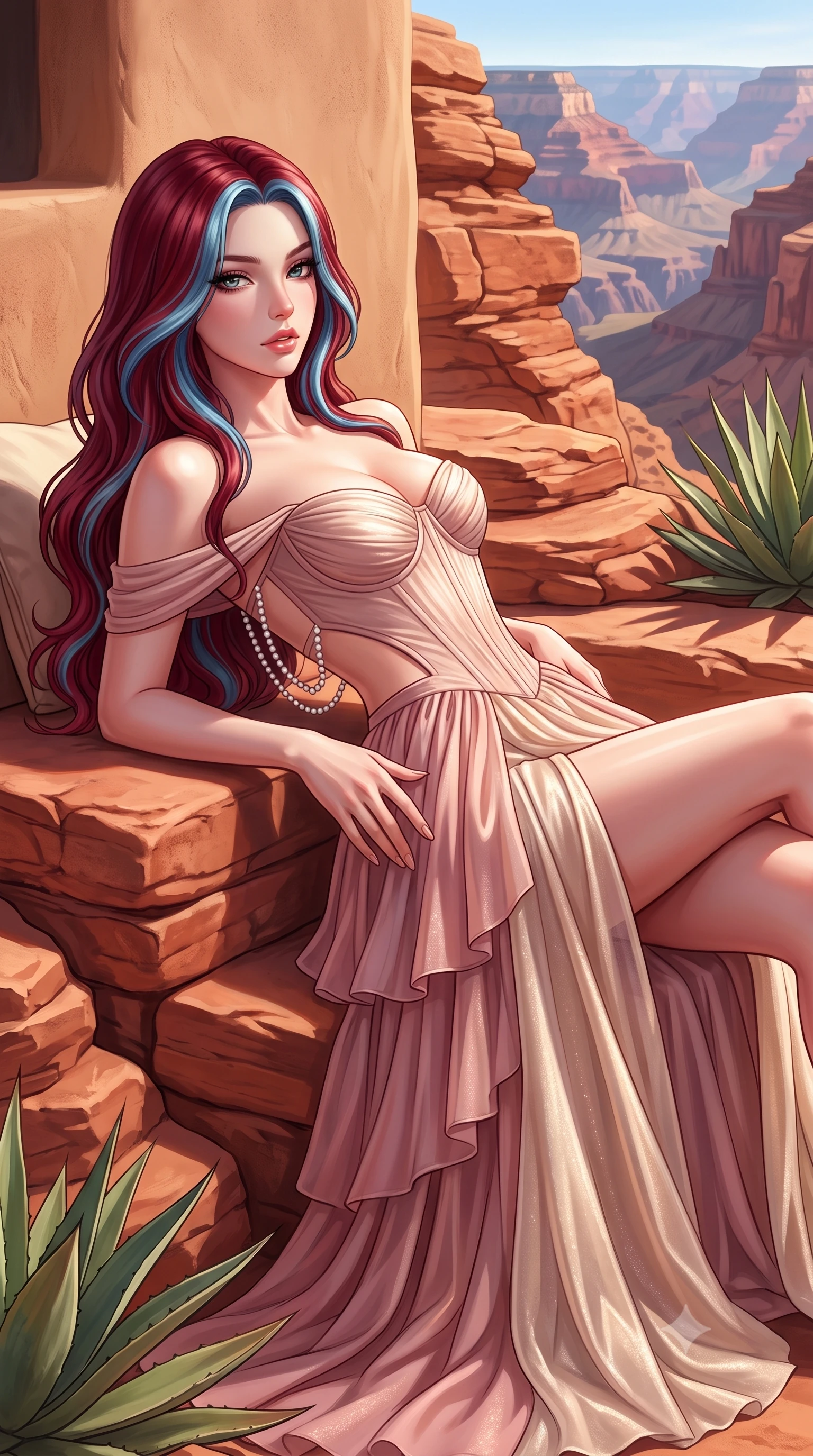 score_9, masterpiece, best quality, ultra-detailed, high-budget anime keyframe, semi-realistic 3D game render, editorial fashion photography, tasteful artistic composition, Caucasian woman. close-up cowboy shot from the waist and thighs up, the character dominates the composition, filling the frame with her large presence. arching her spine backward with effortless dancer poise, one hand sliding along her hip line as directional light carves specular highlights along her silhouette while reclining on a sun-warmed red rock terrace daybed propped on one elbow, arching her lower back to accentuate her curvy hips against the canyon panorama. The surrounding environment is rendered in vivid detail and crisp panoramic clarity. sharp weathered red sandstone strata, smooth adobe wall textures, and desert succulent leaves in deep focus. She has an exceptionally elegant, slender, and willowy female figure with an ultra-slim waist, flat toned midriff, narrow ribcage, and sculpted feminine hips creating an alluring, slim hourglass silhouette without bulk. sharp v-shaped jawline, high-bridge nose, intricate jewel-like eyes with depth, thick eyelashes, glossy parted lips with a natural sheen, intensely captivating and seductive bedroom-eyes expression, flawlessly proportioned anatomical accuracy, strict slender model proportions, natural body alignment, perfectly sculpted long slender limbs, ultra-slim waistline, clean dynamic posture without body distortion. wearing an off-shoulder French court corset bodice dress paired with a tiered translucent chiffon slit skirt in dusky blush rose and shimmering champagne shimmer, woven from layered gossamer chiffon with a weightless sweeping drape, accented with a multi-strand pearl back necklace cascading down her bare spine to her hips, the precision-cut side openings and low-back scoop framing her graceful spine and the sensual sweep of her slim, toned hips. surrounded by an earthy, sacred, and deeply sensual desert goddess aura. highly saturated vibrant anime colors, detailed shading with soft gradients, rich glossy textures, high-contrast stereoscopic depth, volumetric dynamic lighting, master piece, 9:16 ratio
