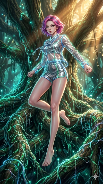 score_9, masterpiece, best quality, ultra-detailed, high-budget anime keyframe, Japanese woman. low angle full-body shot filling the entire 9:16 frame with her statuesque presence, stretching the vertical silhouette. jumping amidst giant ancient tree