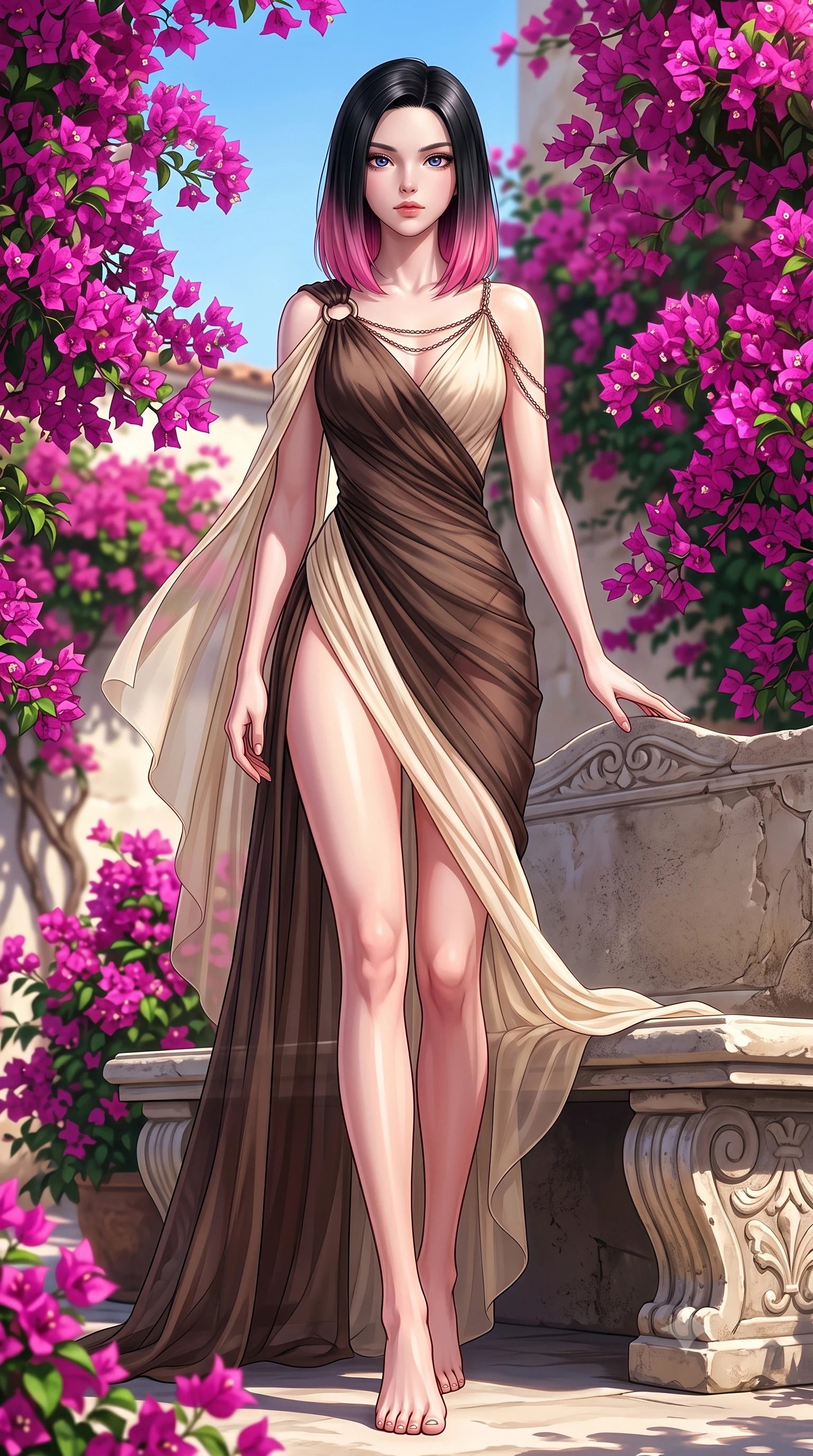 score_9, masterpiece, best quality, ultra-detailed, high-budget anime keyframe, editorial fashion photography, tasteful artistic composition, Korean woman. low angle full-body shot from head to toe showing her feet, filling the entire 9:16 vertical frame with her statuesque presence, stretching her vertical silhouette. stepping forward with proud posture, filling the vertical frame with her magnetic presence resting on a stone bench in a Mediterranean courtyard blooming with bougainvillea, vivid magenta bougainvillea flowers creating colorful organic framing. She has an absolutely perfect, statuesque 8.5-heads proportion, an exceptionally tall and slender model-like female figure with impossibly long slender legs and an ultra-slim waist. sharp v-shaped jawline, high-bridge nose, intricate jewel-like eyes with depth, thick eyelashes, glossy lips with a natural sheen. wearing an asymmetrical Grecian draped chiffon gown with a metallic shoulder ring in espresso brown and warm cream, woven from fine semi-opaque sheer organza, adorned with delicate metallic chain straps along the neckline, the sleek second-skin texture accentuating her magnetic presence. surrounded by a clear, sun-drenched atmosphere with crisp shadows. highly saturated vibrant anime colors, detailed shading with soft gradients, rich glossy textures, high-contrast stereoscopic depth, volumetric dynamic lighting, master piece, 9:16 ratio