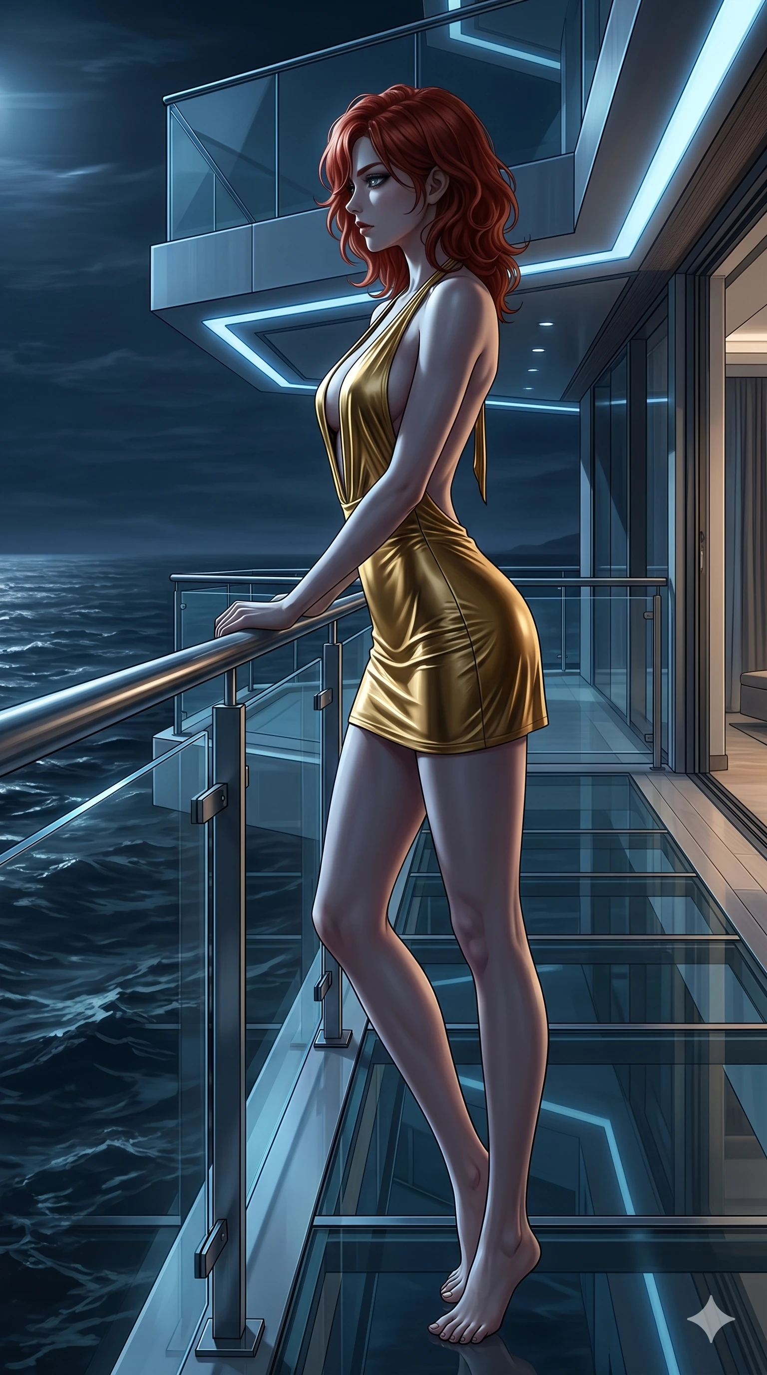 score_9, masterpiece, best quality, ultra-detailed, high-budget anime keyframe, editorial fashion photography, tasteful artistic composition, Korean woman. cowboy shot from the thighs up, character and outfit filling the frame for maximum editorial presence. standing in a sharp profile against the light, her eyes glowing with a quiet, menacing self-assurance leaning over the glass balcony of a futuristic luxury resort by the dark sea (Scenario Code H-79). She has an absolutely perfect 8-heads proportion, an exceptionally tall and slender female figure with impossibly long slender legs and an ultra-slim waist. V-shaped jawline, high-bridge nose, intricate jewel-like eyes with depth, thick eyelashes, glossy lips with a natural sheen. wearing an ultra-deep plunging halter neck micro-dress in liquid gold jersey fabric, leaving her back fully bare. bathed in a cold silver moonlight creating deep, dramatic shadows on her figure. 2k, ultra detail, master piece, 9:16 ratio