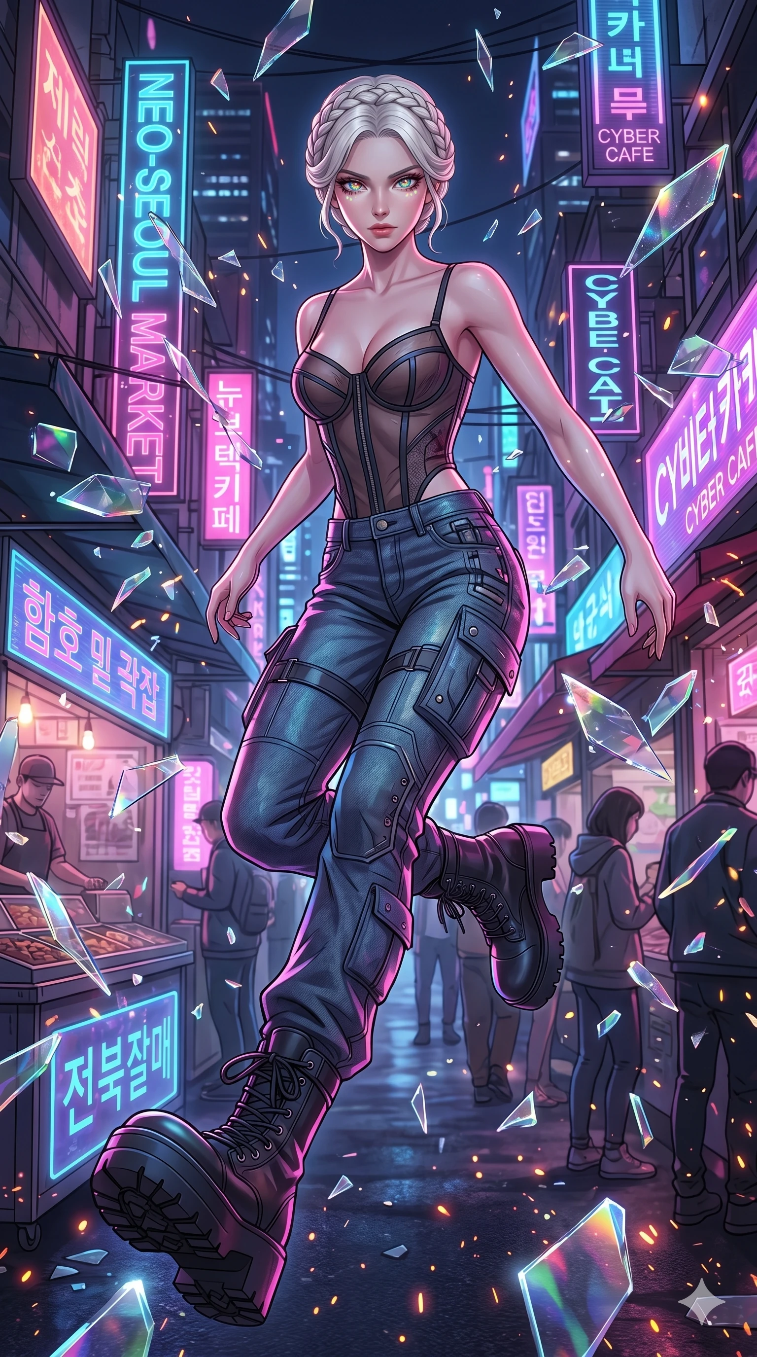 score_9, masterpiece, best quality, ultra-detailed, Set A: High-budget Anime Keyframe, Japanese woman. Low angle cowboy shot filling the entire 9:16 frame with her statuesque presence. Leaping through a neon-lit Neo-Seoul market, while her eyes glow with 100 different colors and surrounded by shattered glass fragments. She has an absolutely perfect 8-heads proportion, an exceptionally tall and slender female figure with impossibly long slender legs and an ultra-slim waist. Sharp v-shaped jawline, high-bridge nose, intricate jewel-like eyes with depth, thick eyelashes, glossy lips with a natural sheen. Wearing Sheer corset top with high-waist tech-denim and heavy platform combat boots. Cinematic lighting, vibrant colors, dramatic shadows, 2k, ultra detail, master piece, 9:16 ratio