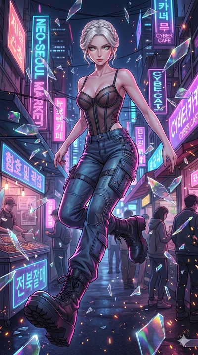 score_9, masterpiece, best quality, ultra-detailed, Set A: High-budget Anime Keyframe, Japanese woman. Low angle cowboy shot filling the entire 9:16 frame with her statuesque presence. Leaping through a neon-lit Neo-Seoul market, while her eyes glow 